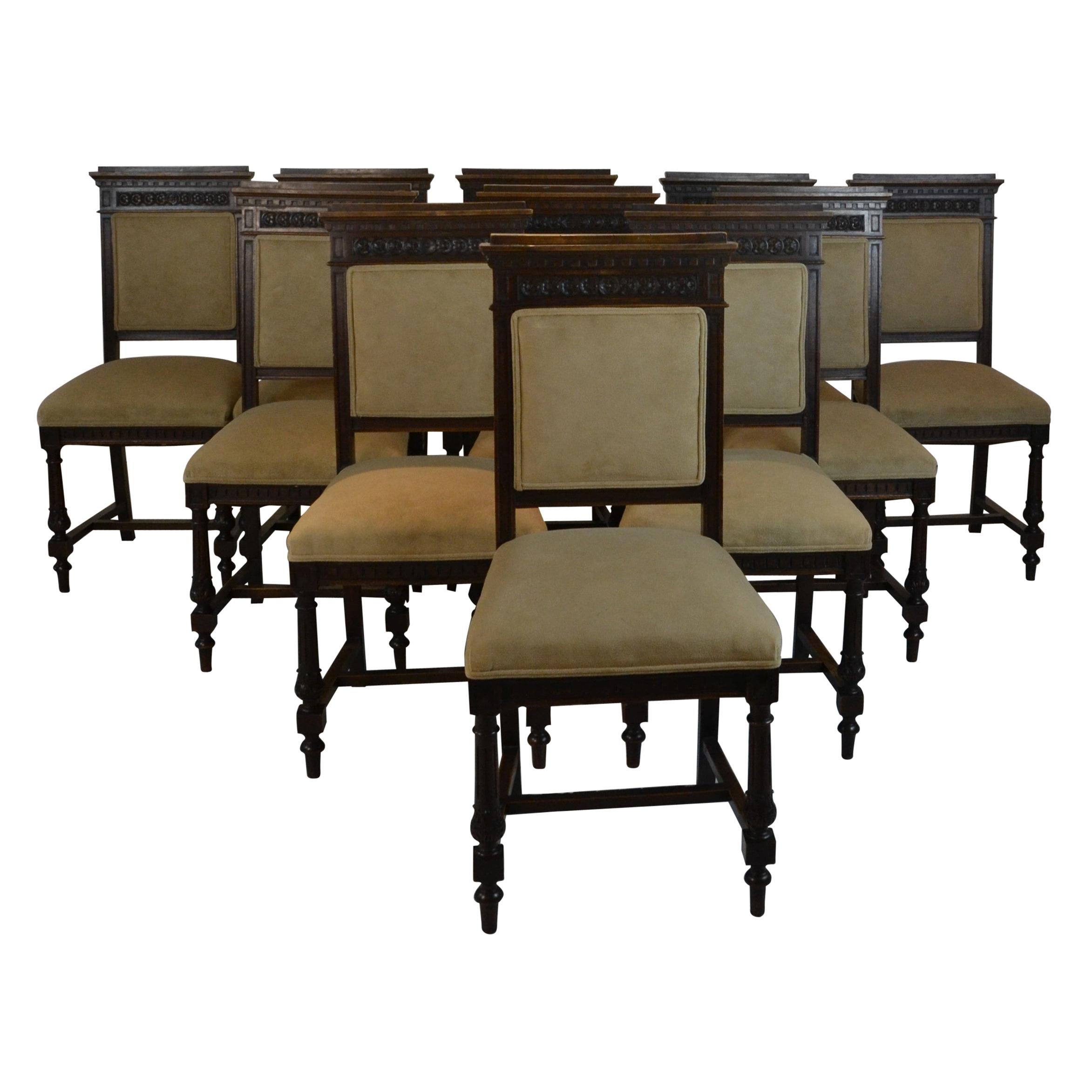 Set 12 French Dining Chairs with Carvings