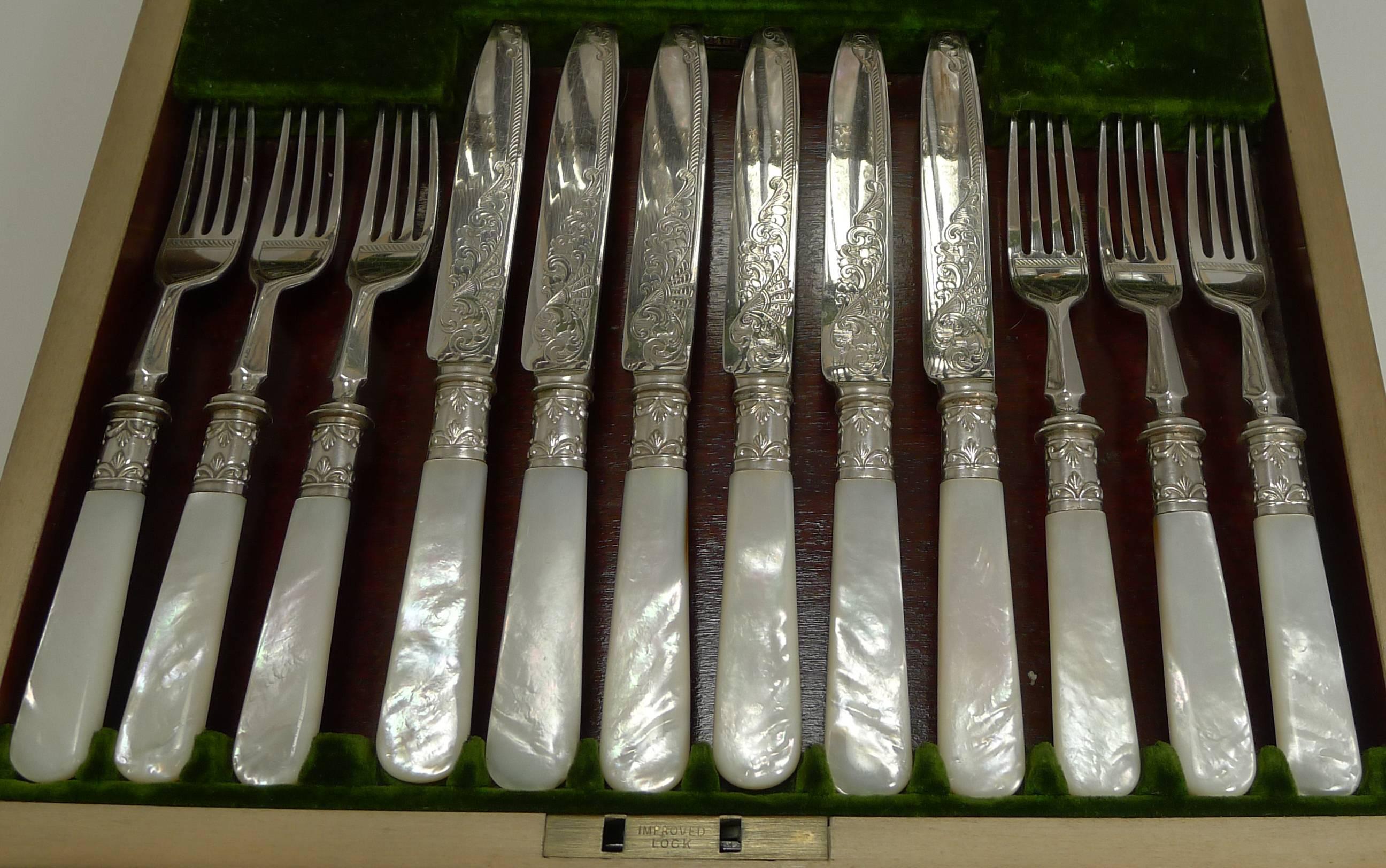 Edwardian Set of 12 Fruit Knives and Forks / Mother-of-Pearl and Silver Plate, circa 1890
