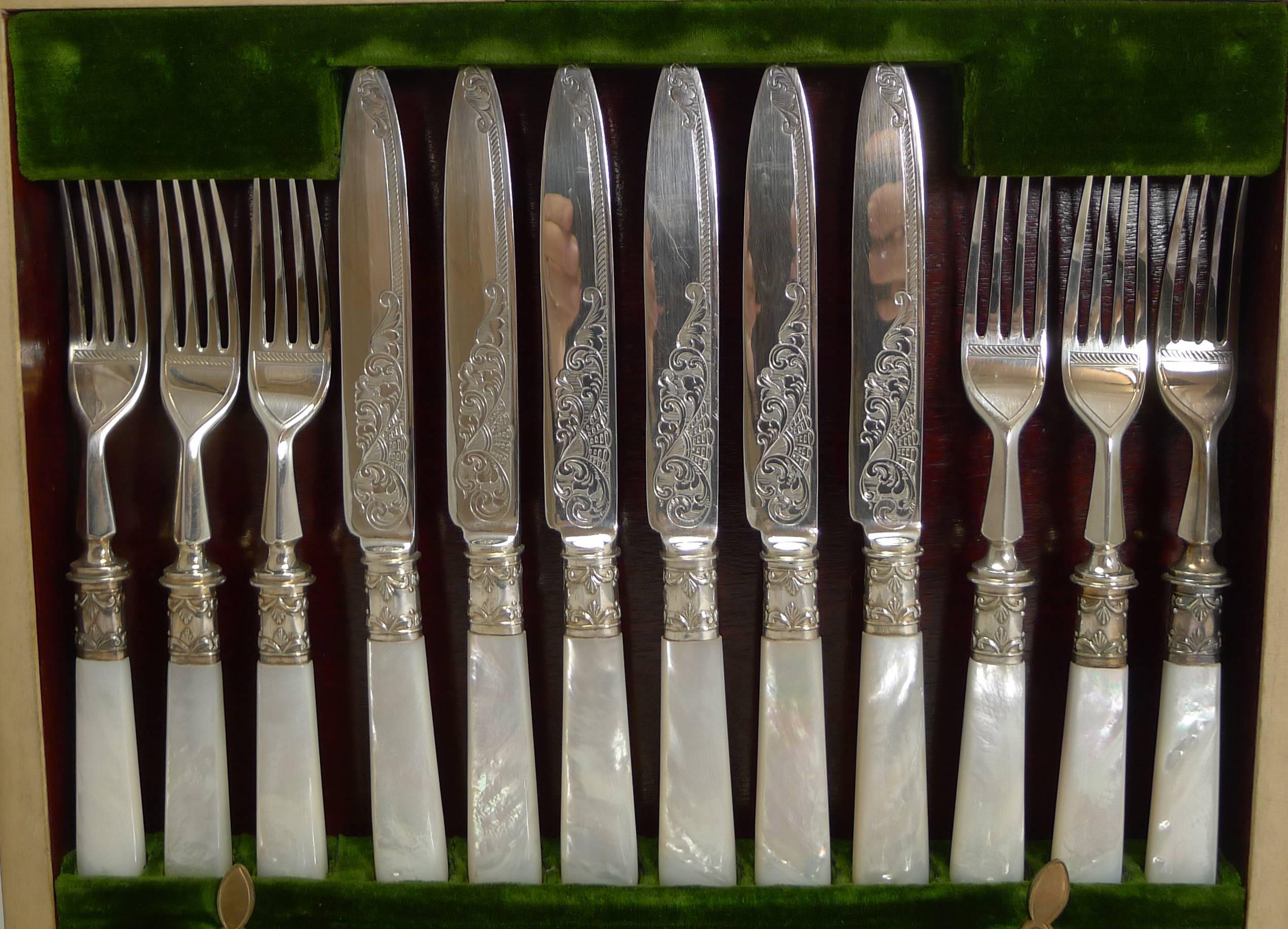 English Set of 12 Fruit Knives and Forks / Mother-of-Pearl and Silver Plate, circa 1890