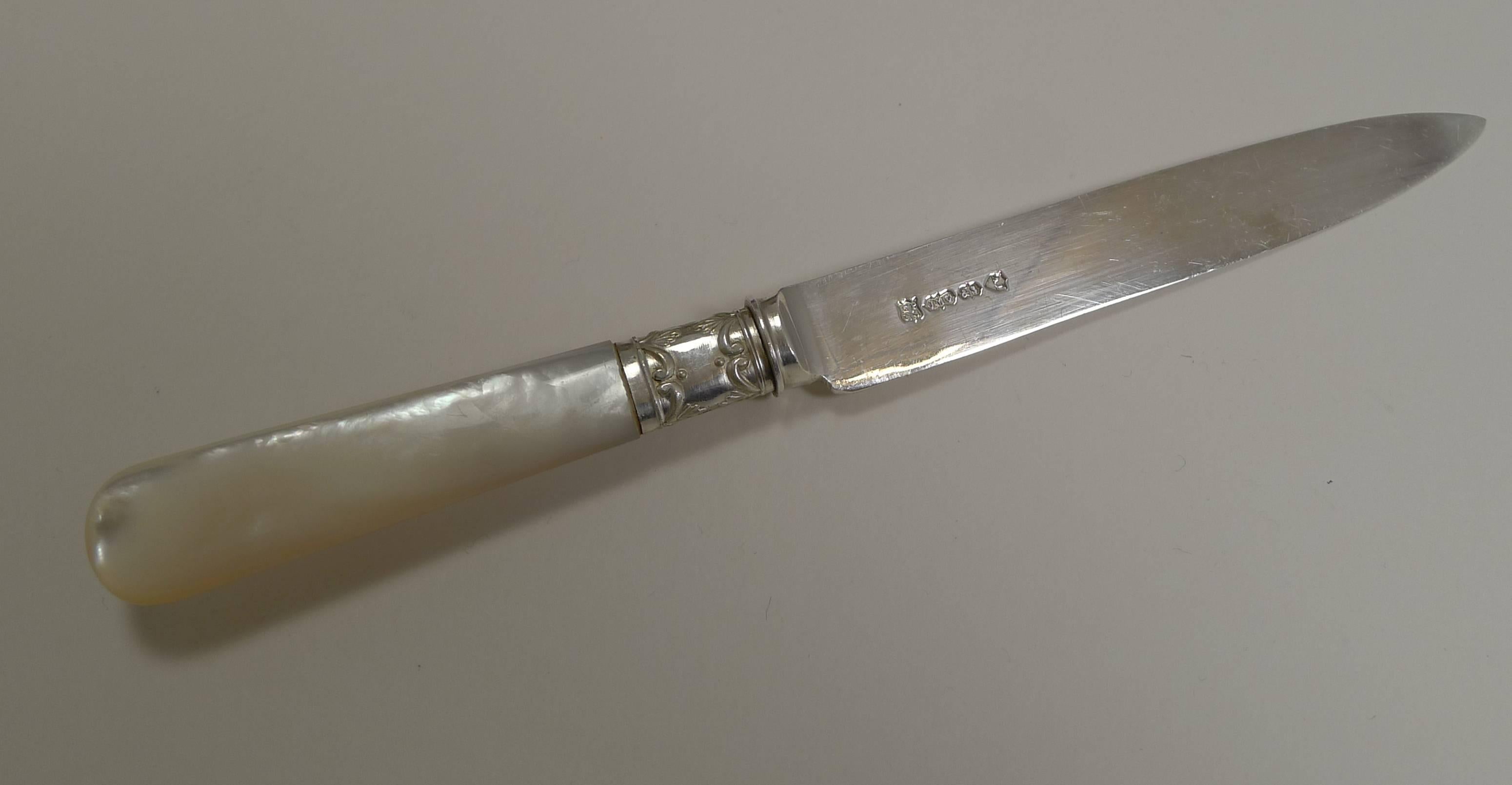 Set of 12 Fruit Knives and Forks / Mother-of-Pearl and Silver Plate, circa 1890 In Excellent Condition In Bath, GB
