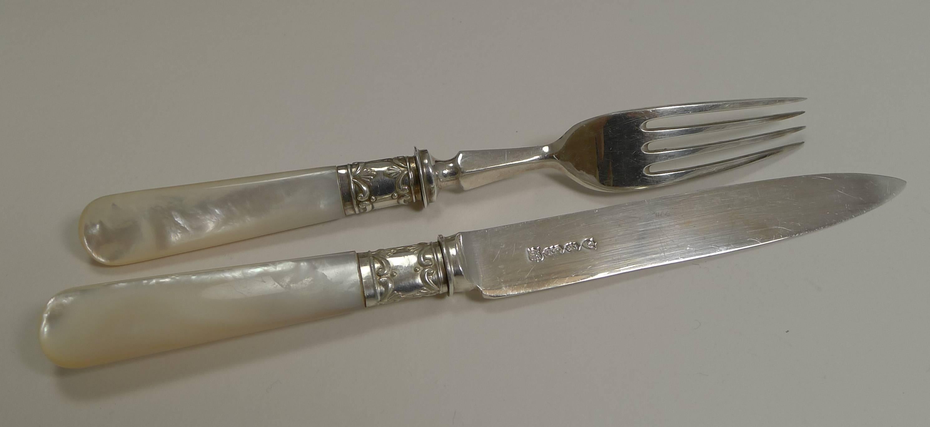 19th Century Set of 12 Fruit Knives and Forks / Mother-of-Pearl and Silver Plate, circa 1890