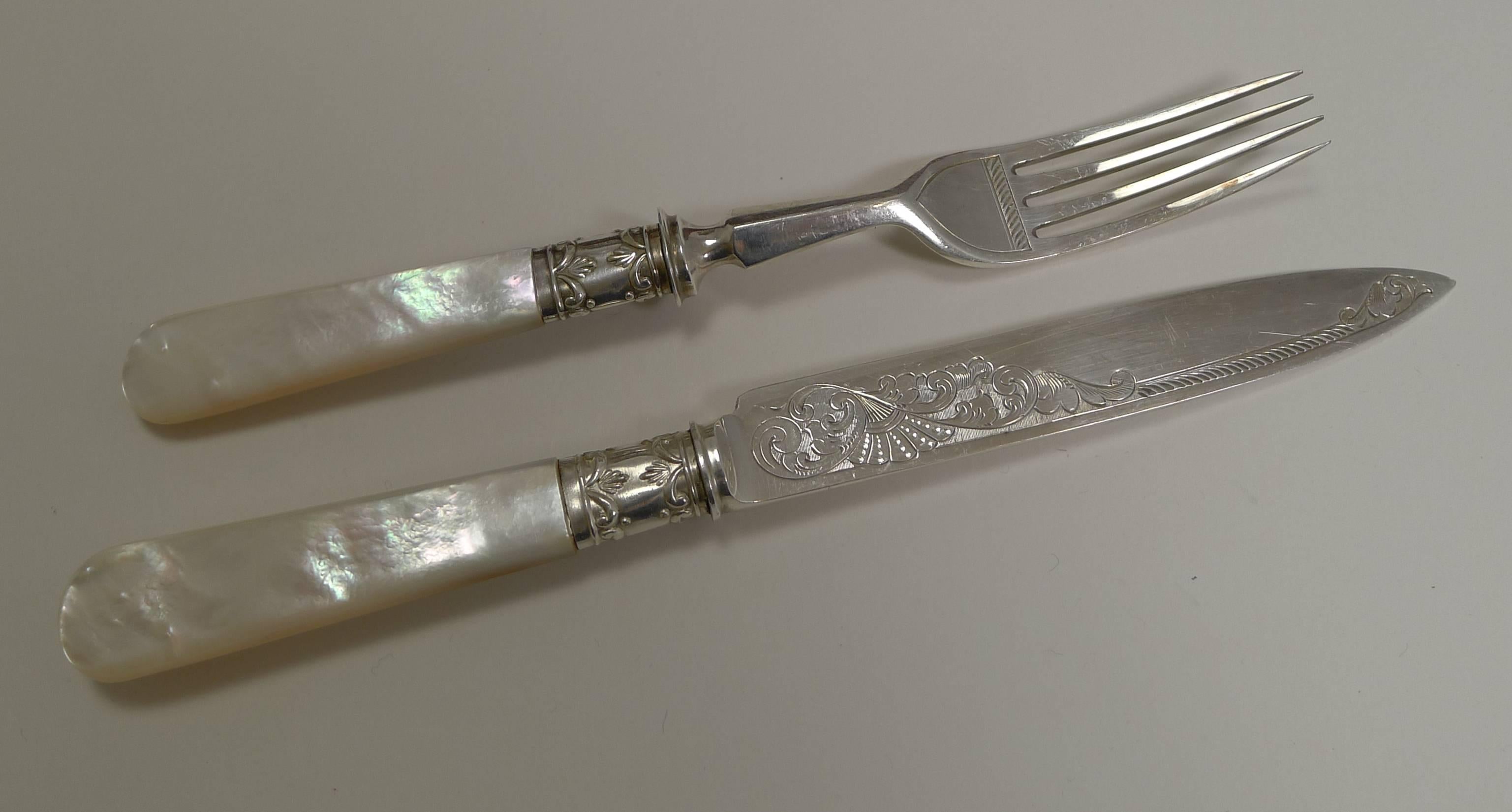 Set of 12 Fruit Knives and Forks / Mother-of-Pearl and Silver Plate, circa 1890 1