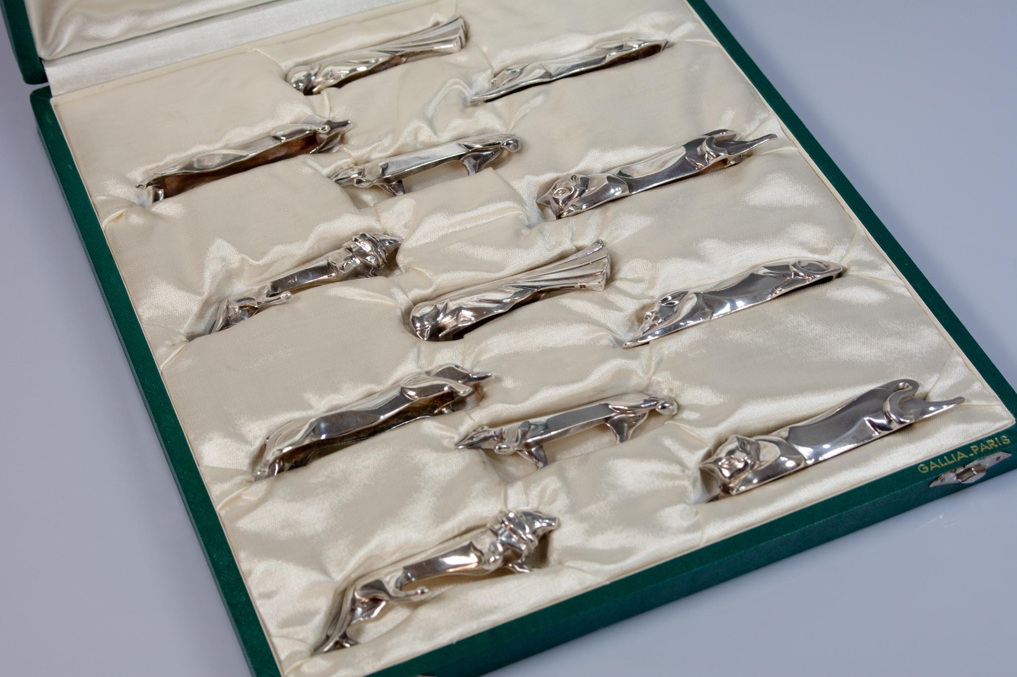 Francese Set 12 poggiacoltelli Gallia Animali Art Deco Christofle Edouard Sandoz Silverplate in vendita