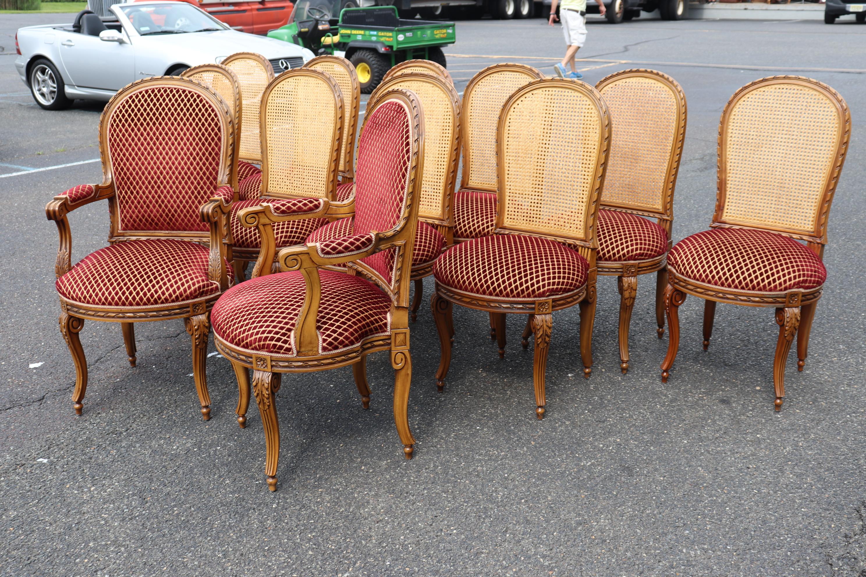 Mid-20th Century Set 12 Italian Caned Back Carved French Louis XVI Style Walnut Dining Chairs