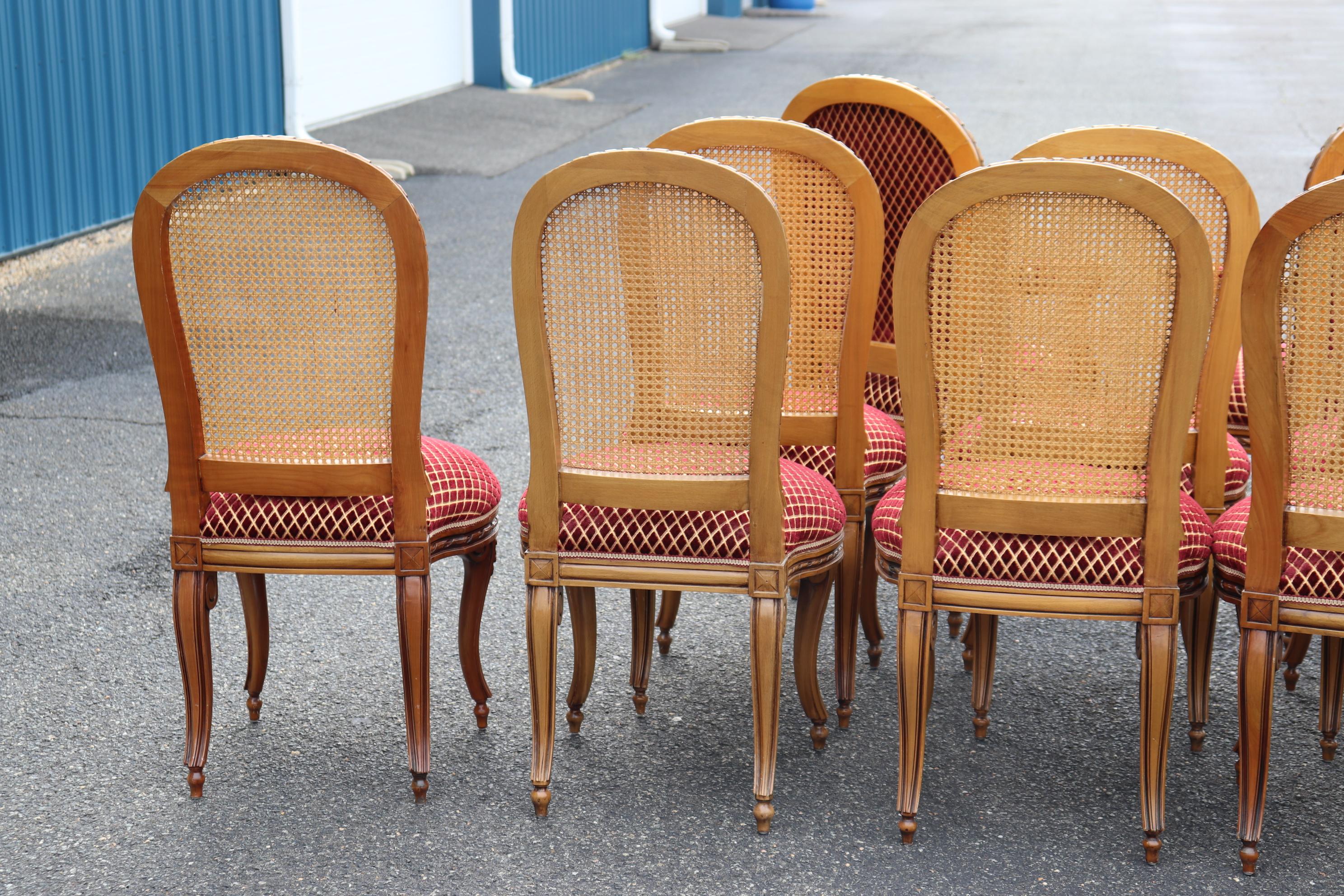 Set 12 Italian Caned Back Carved French Louis XVI Style Walnut Dining Chairs 1