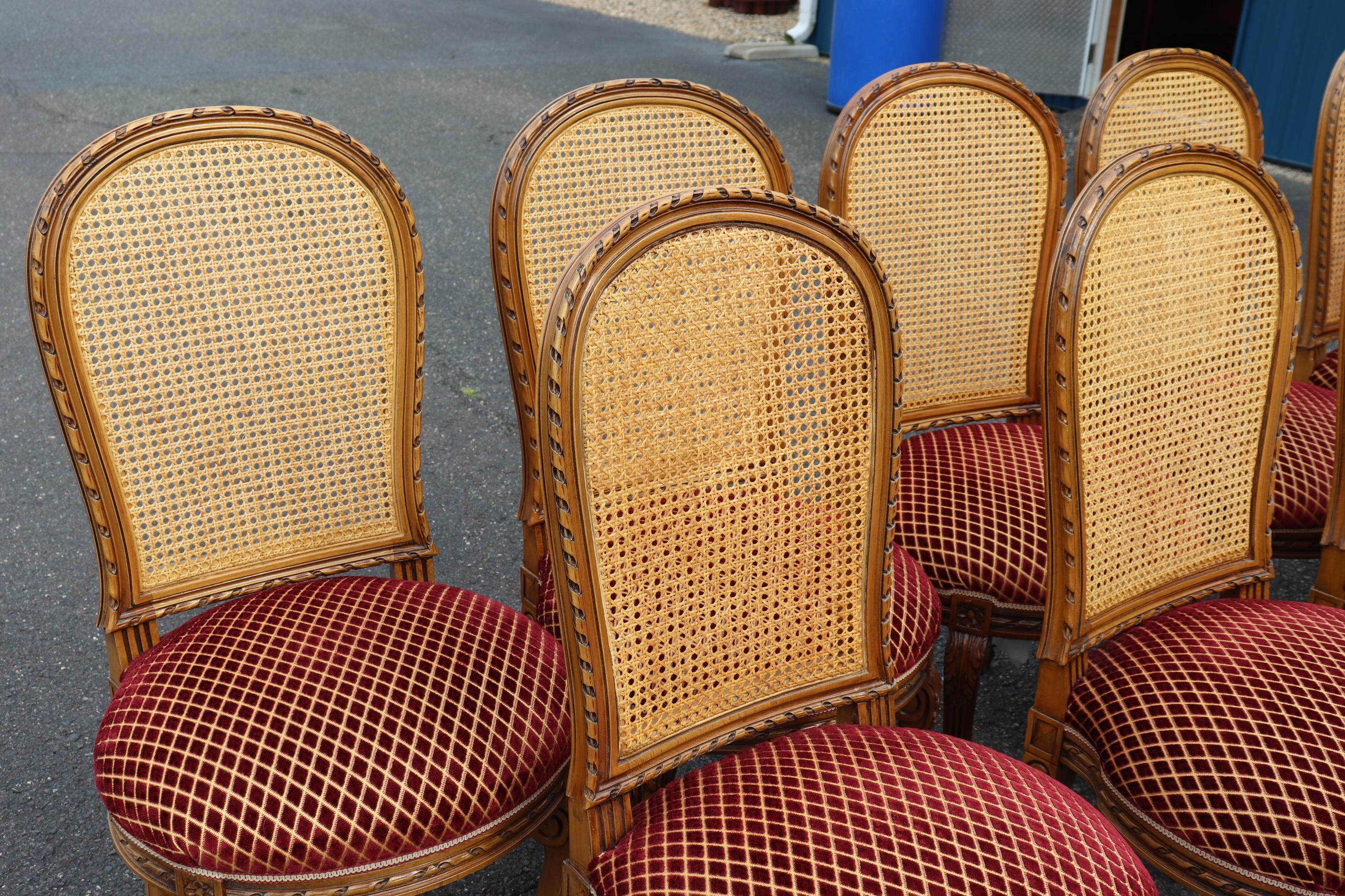 Set 12 Italian Caned Back Carved French Louis XVI Style Walnut Dining Chairs 4