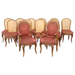 Set 12 Italian Caned Back Carved French Louis XVI Style Walnut Dining Chairs