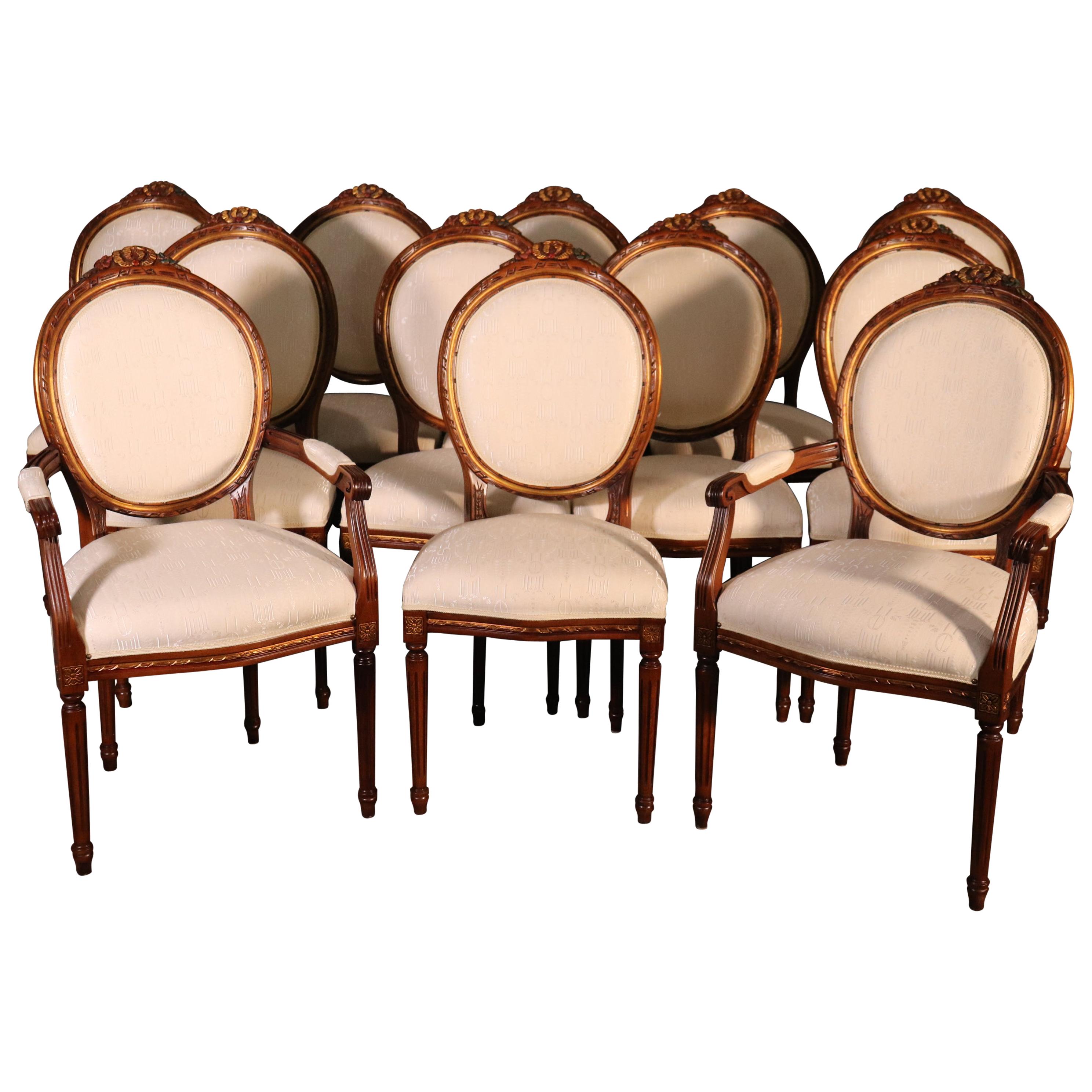 Set 12 Italian Made Luca Ferrari French Louis XVI Style Walnut Dining Chairs