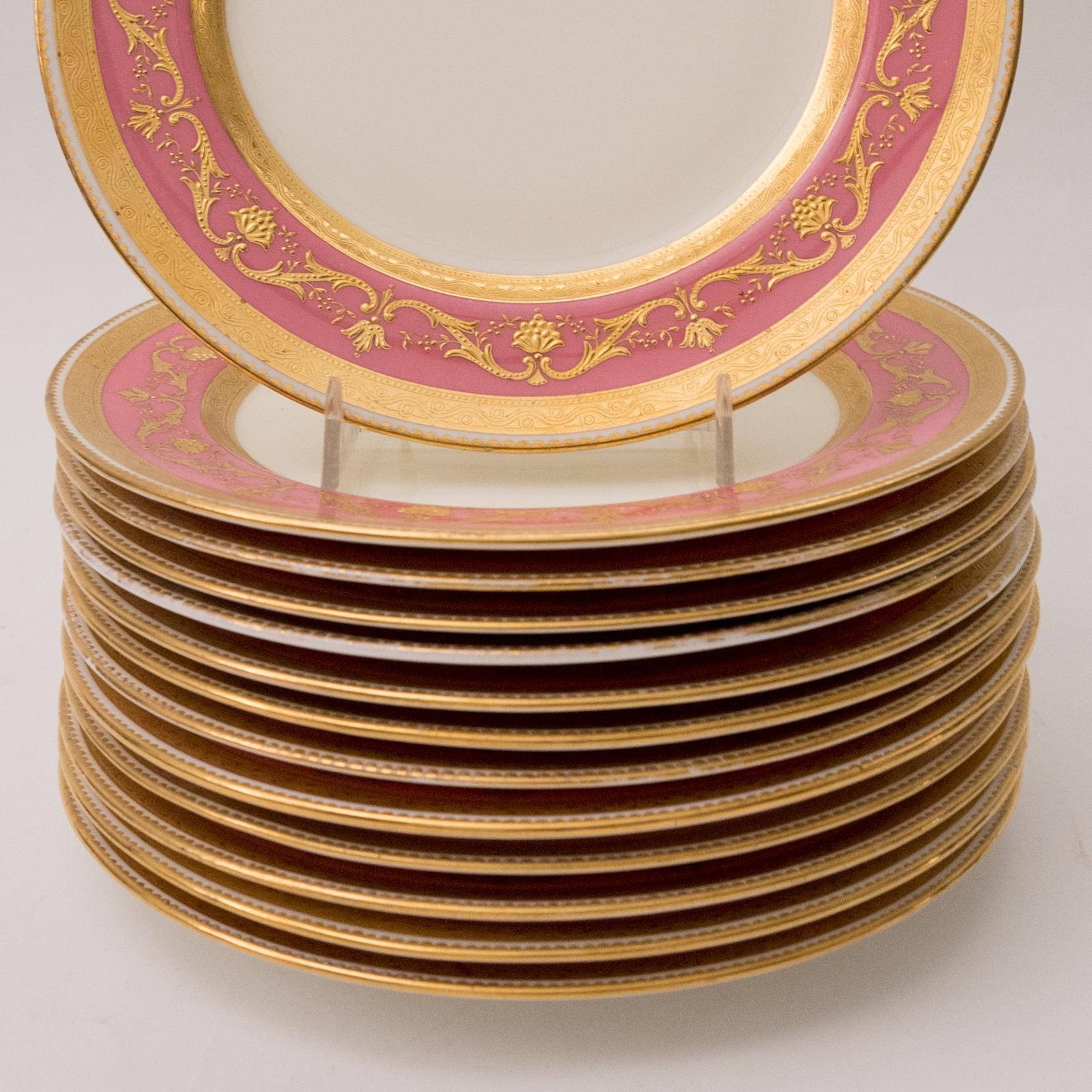 British Set 12 Minton Pink Raised Gold Dessert or Salad Plates, Antique circa 1910
