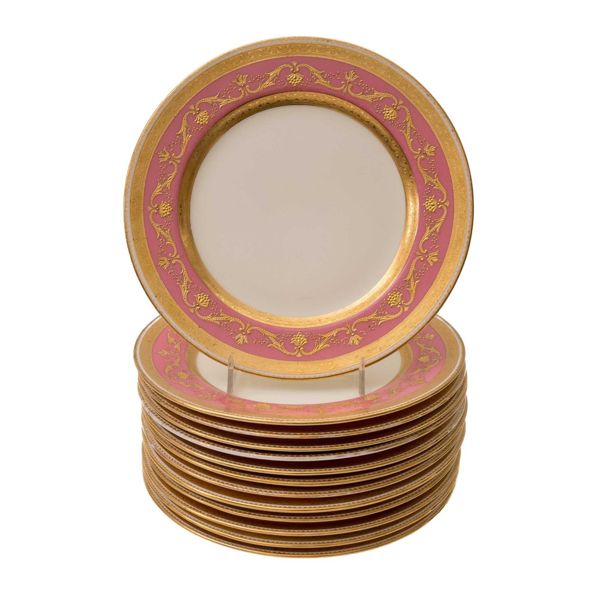 Set 12 Minton Pink Raised Gold Dessert or Salad Plates, Antique circa 1910 3