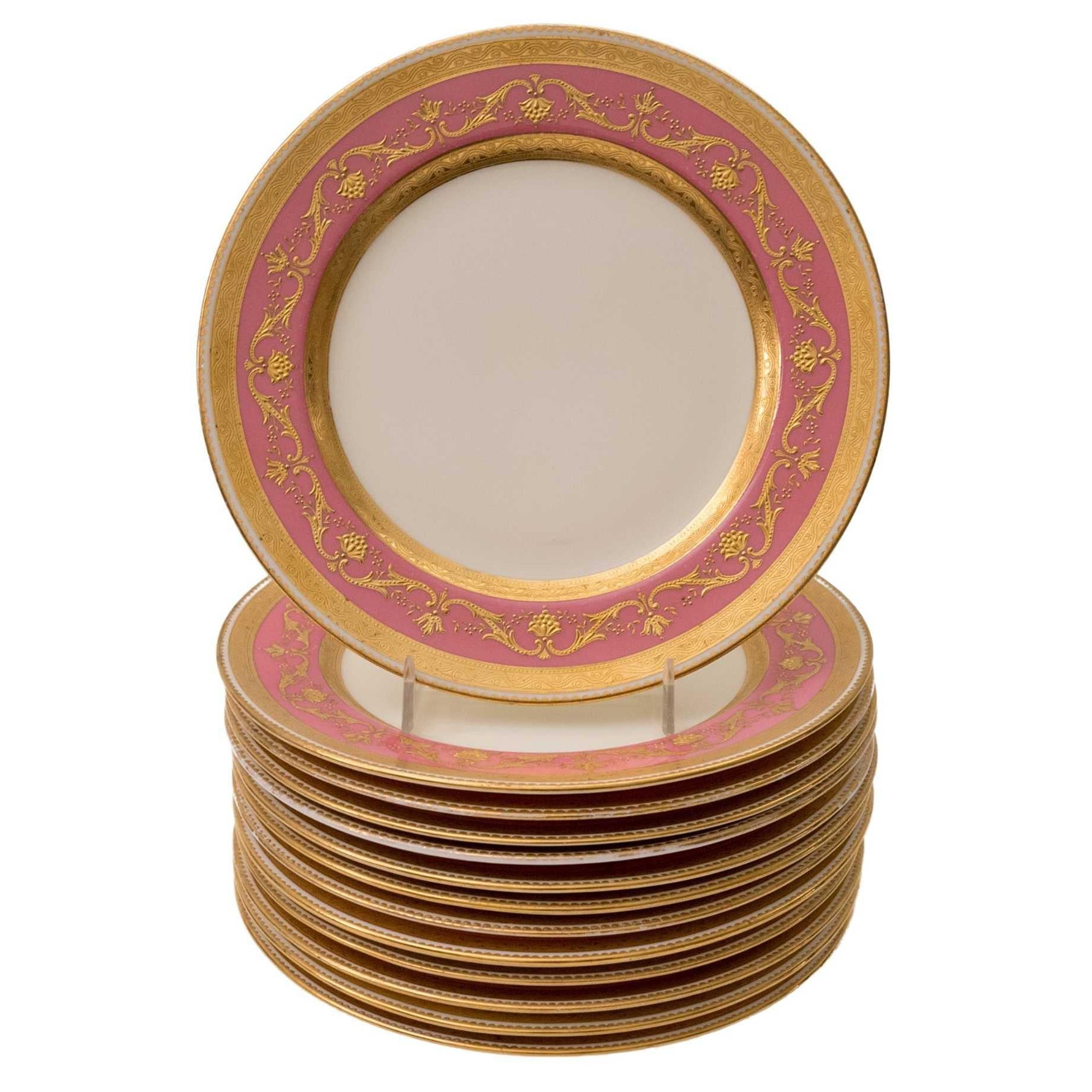Set 12 Minton Pink Raised Gold Dessert or Salad Plates, Antique circa 1910