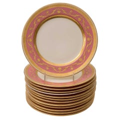 Set 12 Minton Pink Raised Gold Dessert or Salad Plates, Antique circa 1910