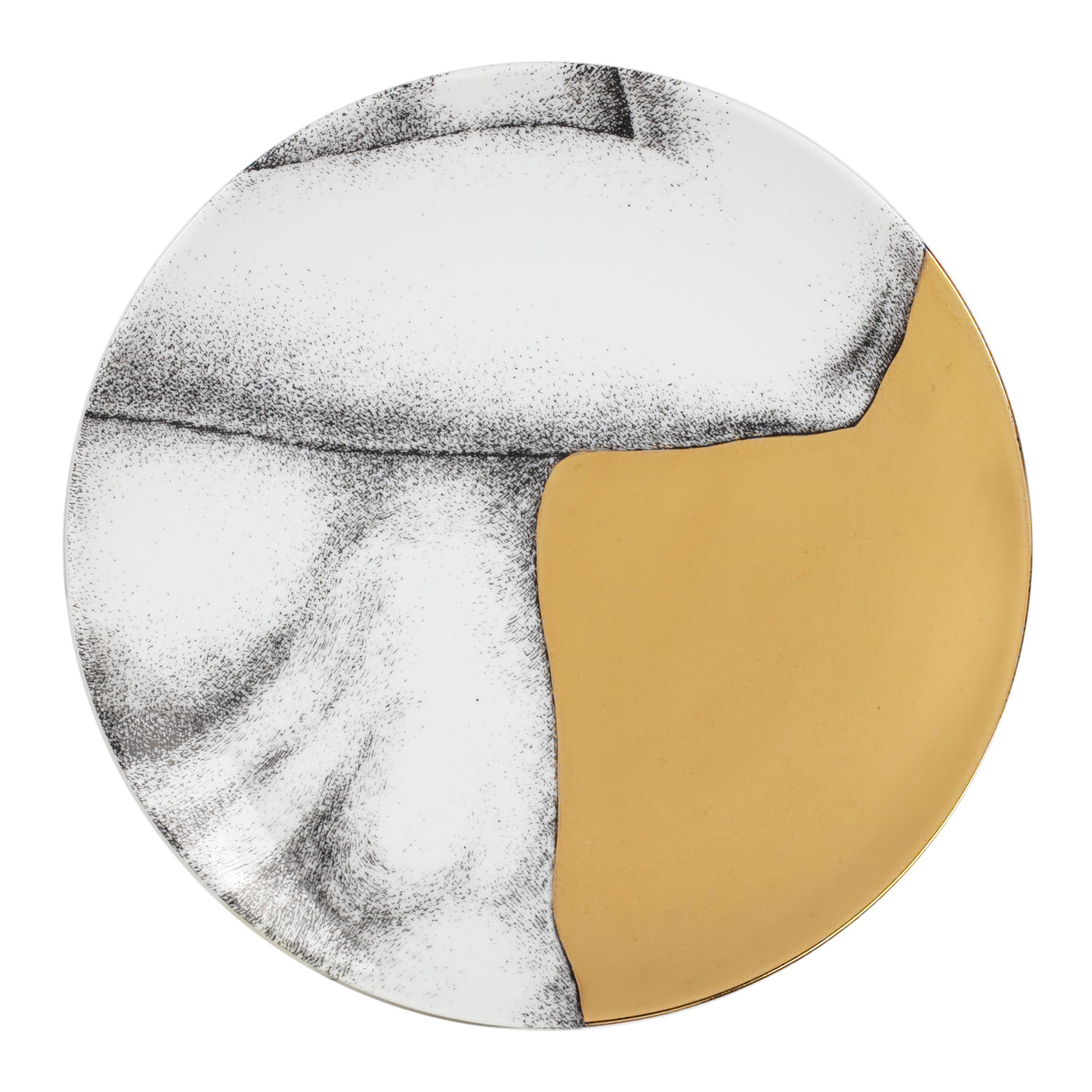 Contemporary Set 12 Porcelain Plates Adamo Black/White/Gold For Sale