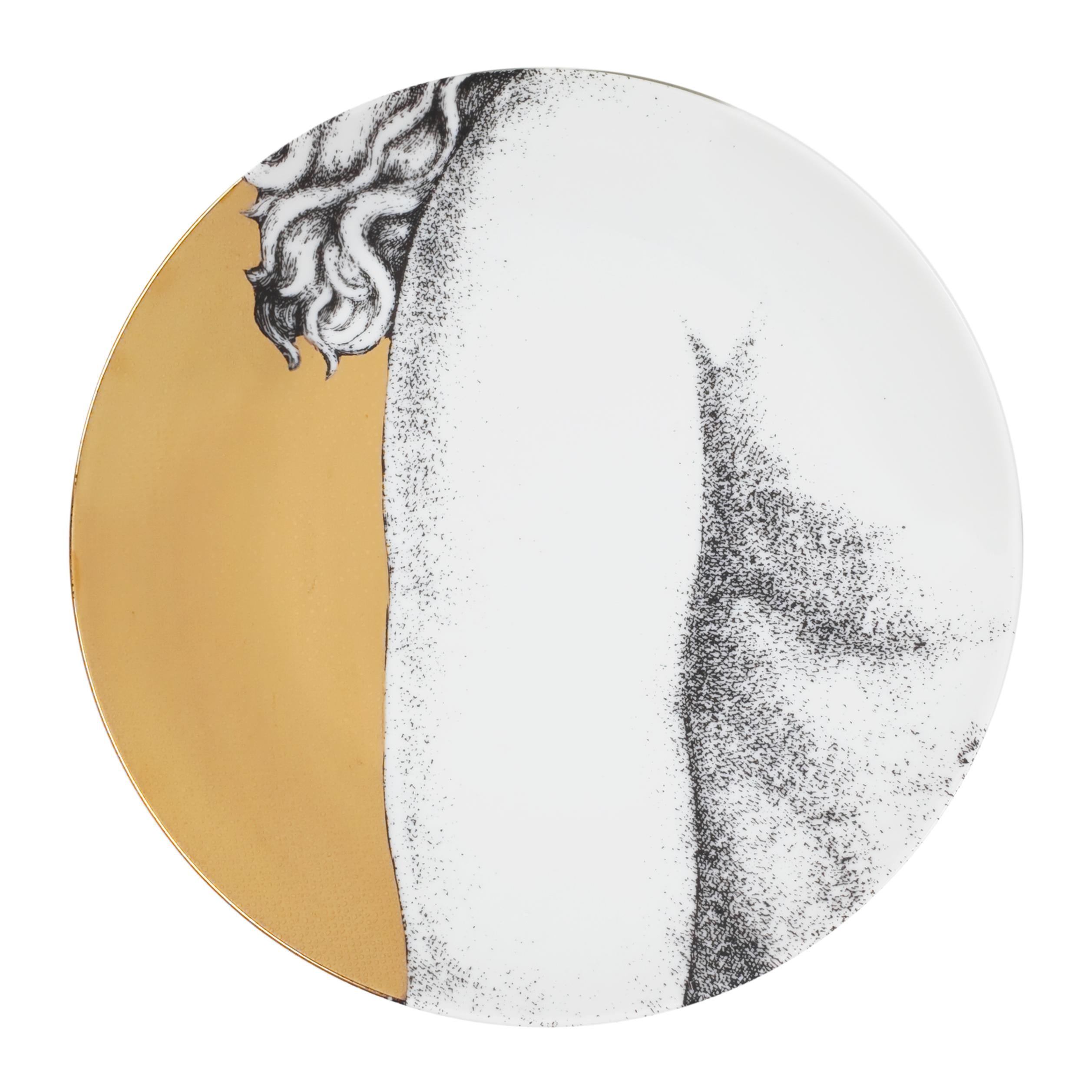 Italian Set 12 Porcelain Plates Eva Black/White/Gold