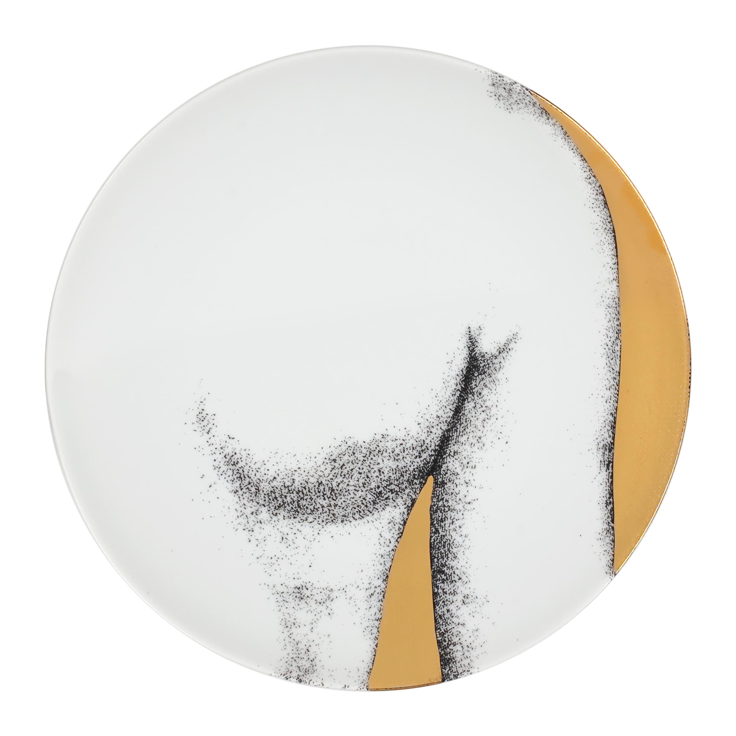 Hand-Painted Set 12 Porcelain Plates Eva Black/White/Gold