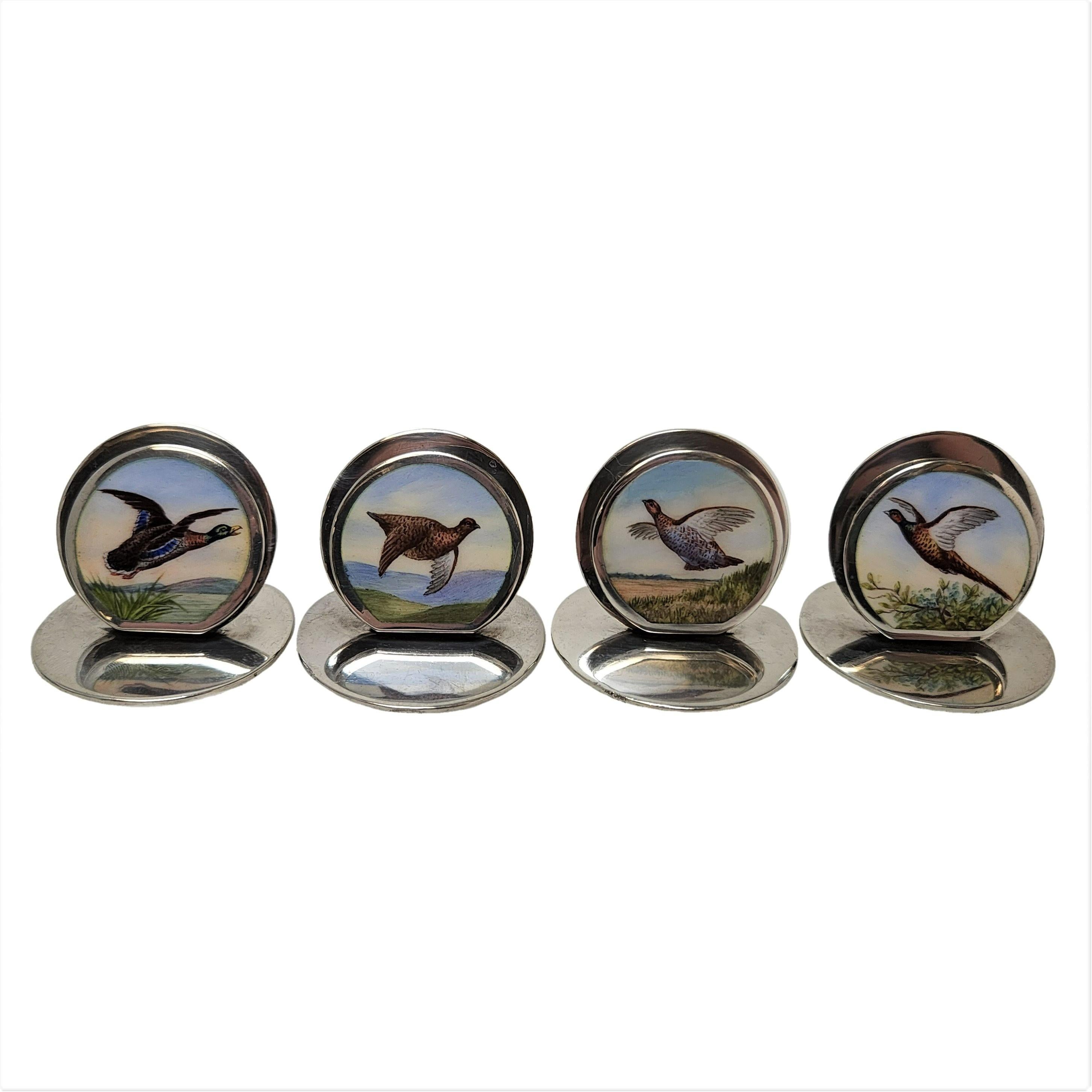 Sterling Silver Set 12 Silver & Enamel Menu / Place Card Holders Chester 1903, 09 Game Bird Fox