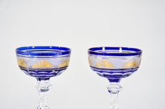 Set 12 Val Saint Lambert Cobalt Cut to Clear Gilt Goblets Champagne or Martinis