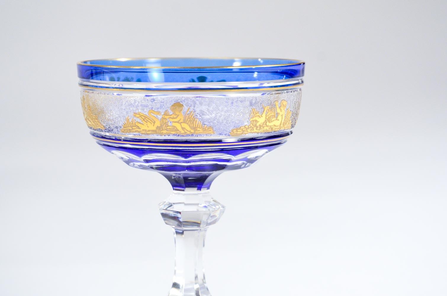 Belgian Set 12 Val Saint Lambert Cobalt Cut to Clear Gilt Goblets Champagne or Martinis For Sale
