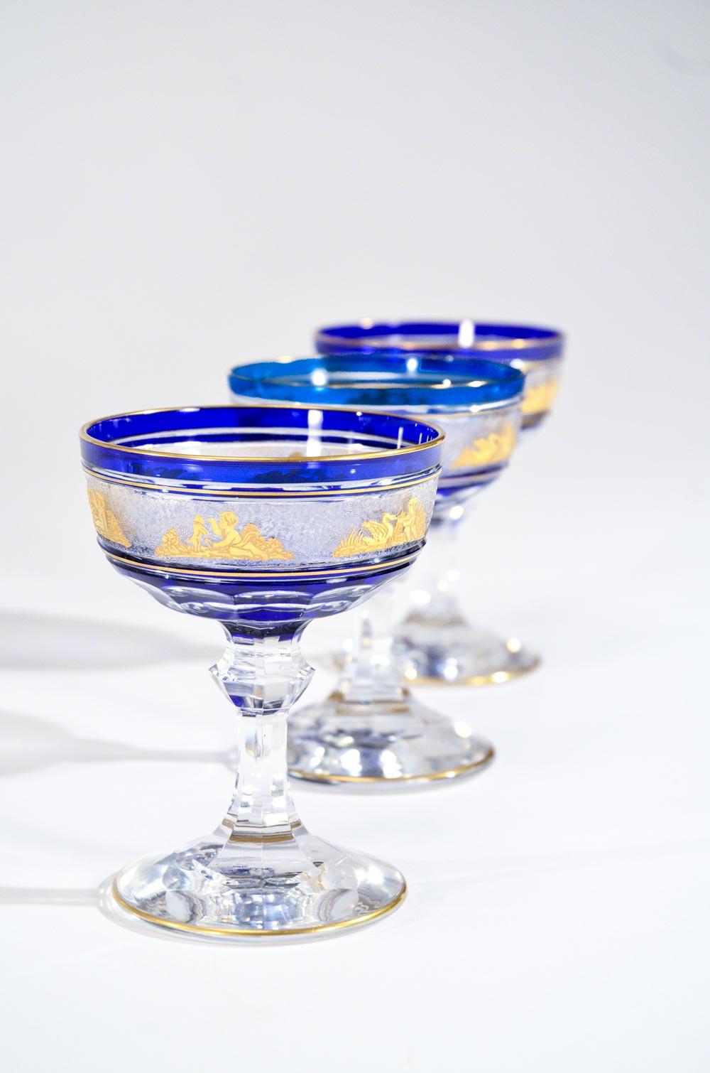 Crystal Set 12 Val Saint Lambert Cobalt Cut to Clear Gilt Goblets Champagne or Martinis For Sale