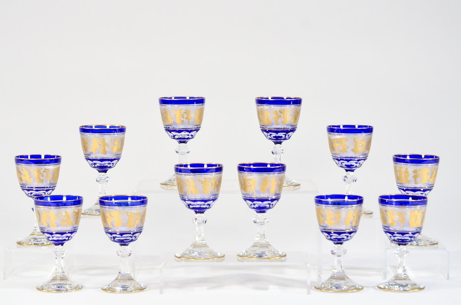Set 12 Val Saint Lambert Cobalt Cut to Clear Gilt Goblets Champagne or Martinis For Sale 1