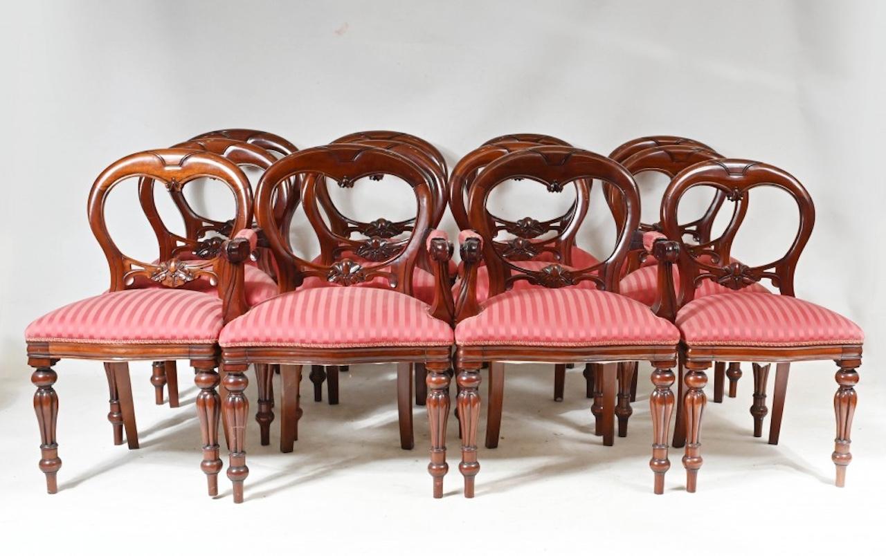Classic set of 12 Victorian style mahogany dining chairs with balloon backs
These are the ultimate Victorian dining chair
We have various matching tables so please let us know if you are looking for a complete set
Set consists of 10 side chairs and