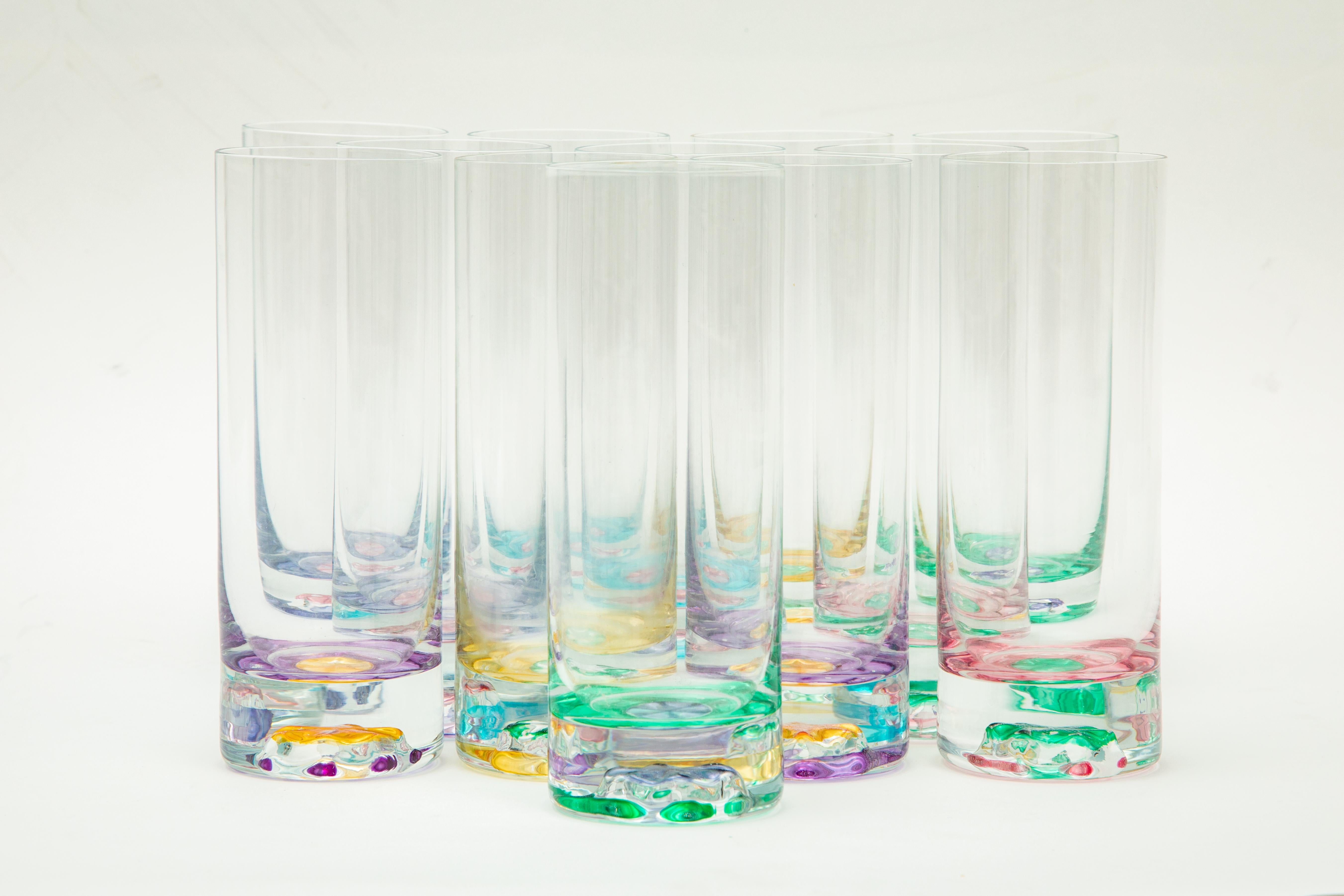 Czech Set 12 Vintage Bar Or Cocktail Glasses. Multi Color & Heavy Bases For Sale