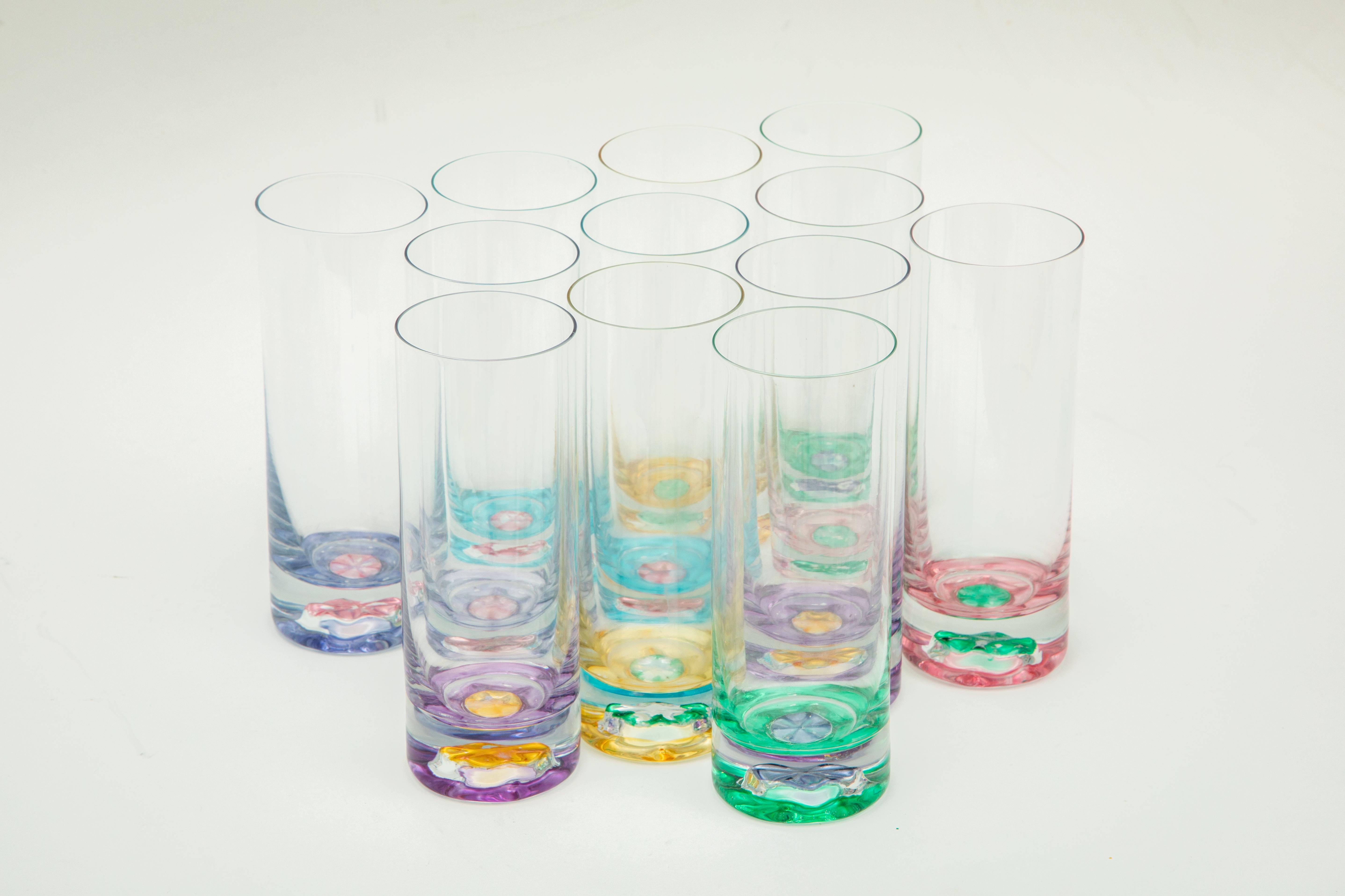 Hand-Crafted Set 12 Vintage Bar Or Cocktail Glasses. Multi Color & Heavy Bases For Sale