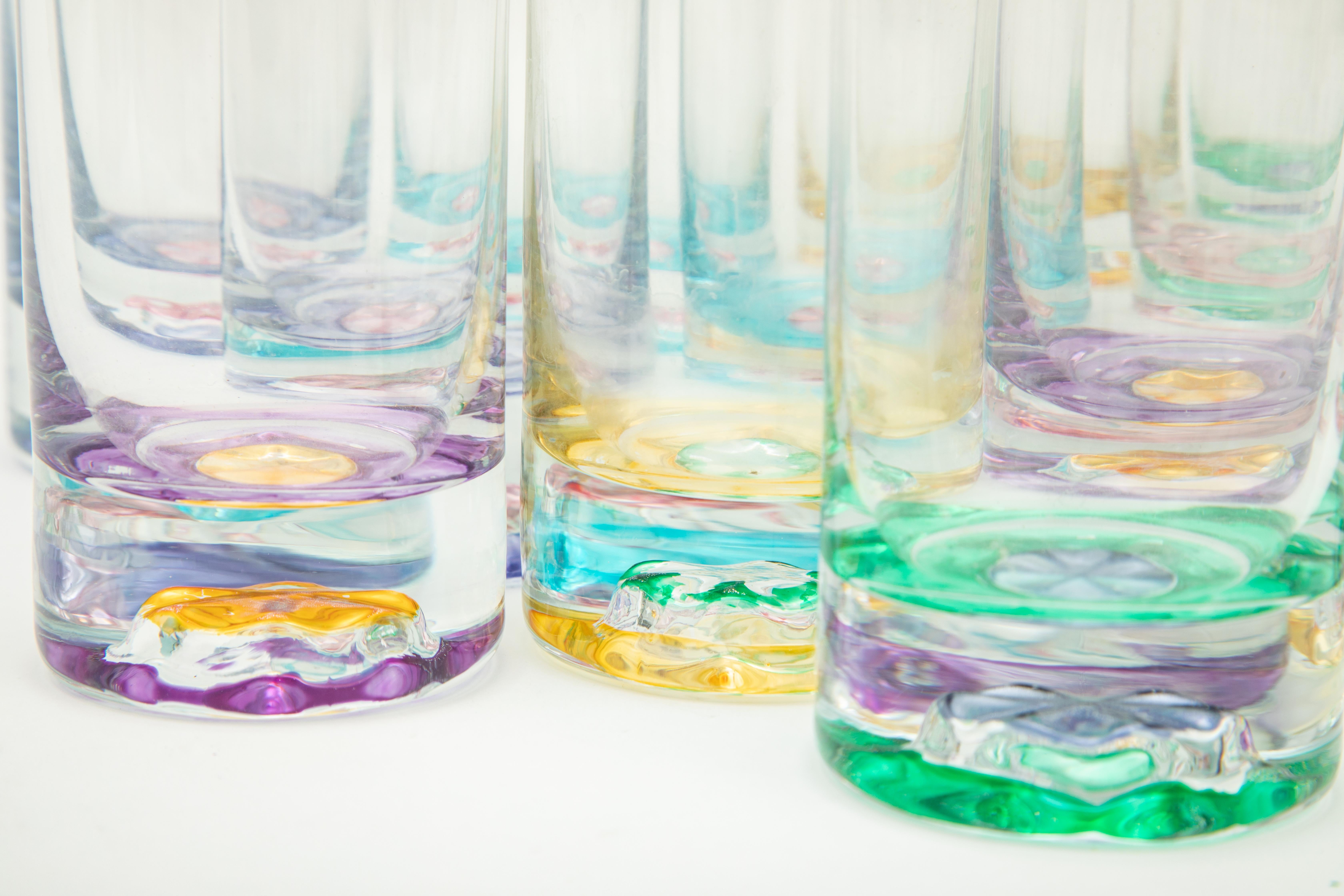 Set 12 Vintage Bar Or Cocktail Glasses. Multi Color & Heavy Bases In Good Condition For Sale In West Palm Beach, FL