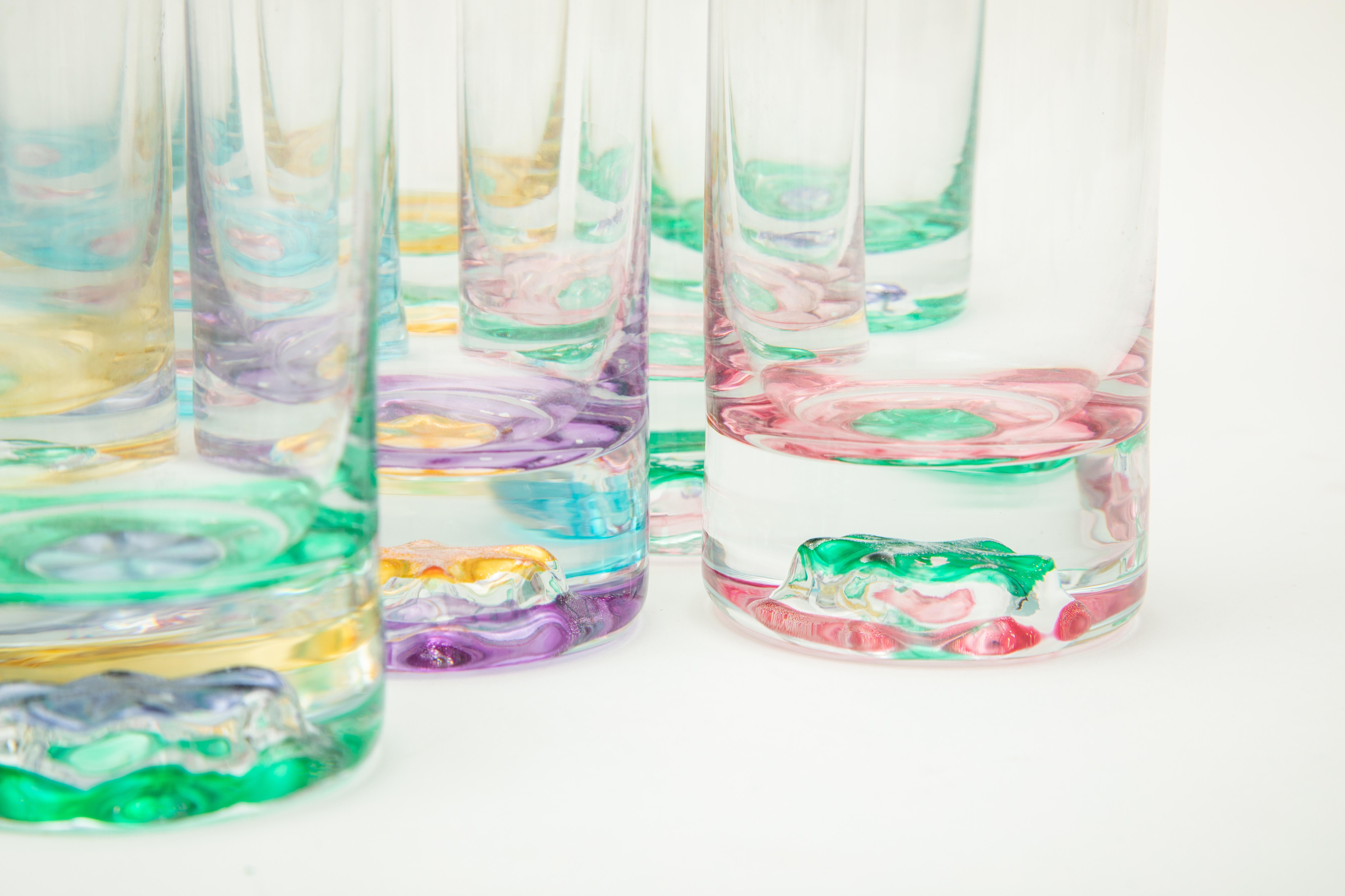Mid-20th Century Set 12 Vintage Bar Or Cocktail Glasses. Multi Color & Heavy Bases For Sale