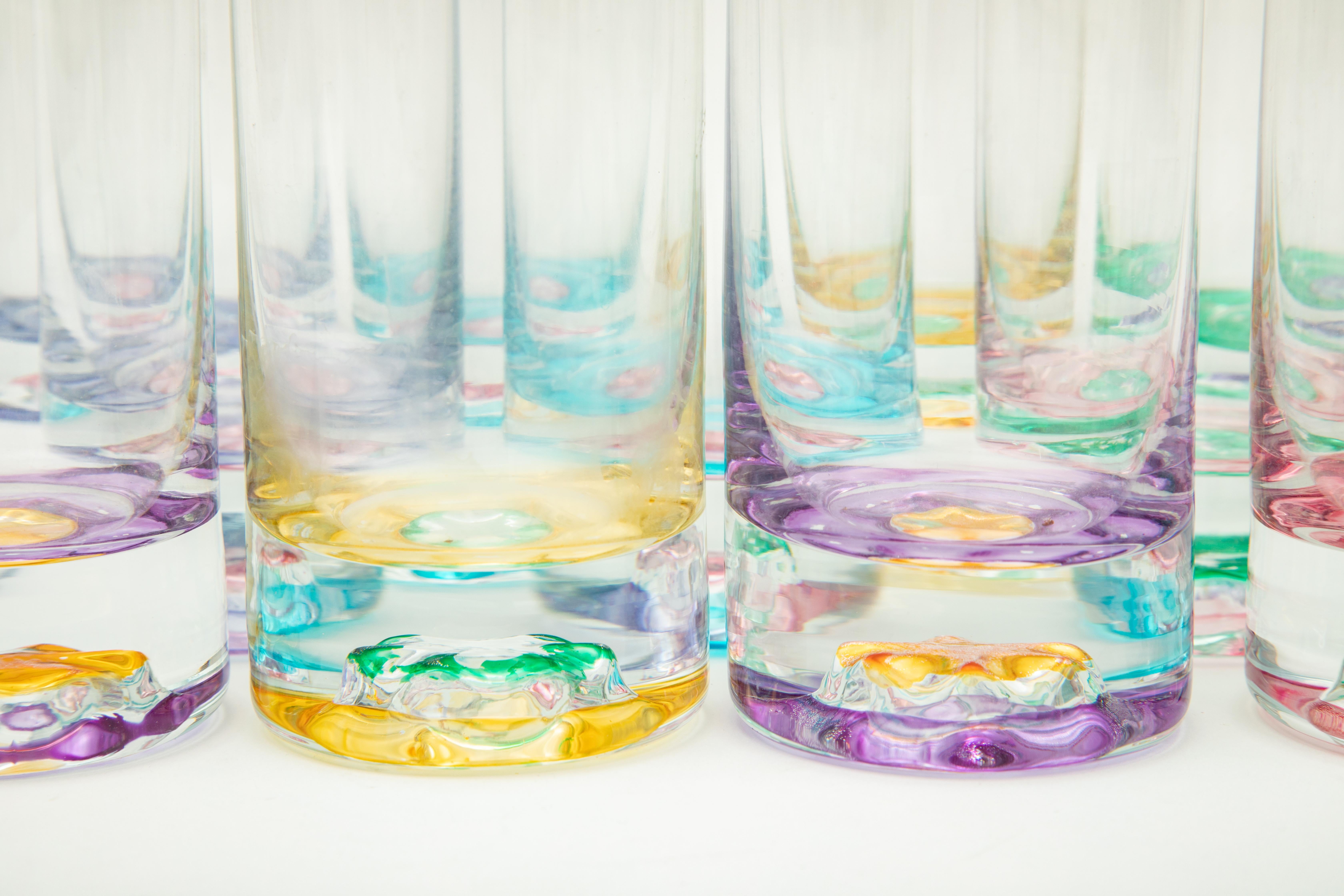 Crystal Set 12 Vintage Bar Or Cocktail Glasses. Multi Color & Heavy Bases For Sale
