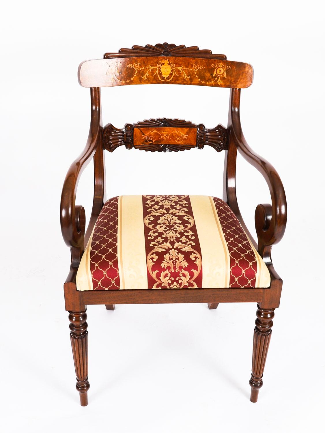 Set 12 Vintage Regency Revival Burr Walnut Marquetry Dining Chairs In Good Condition For Sale In London, GB