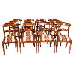Set 12 Vintage Regency Revival Burr Walnut Marquetry Dining Chairs