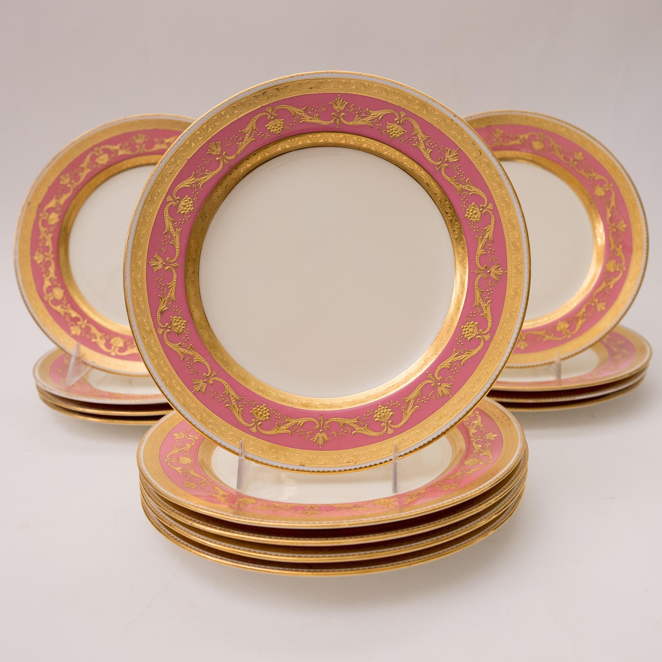 Early 20th Century Set 12 Minton Pink Raised Gold Dessert or Salad Plates, Antique circa 1910