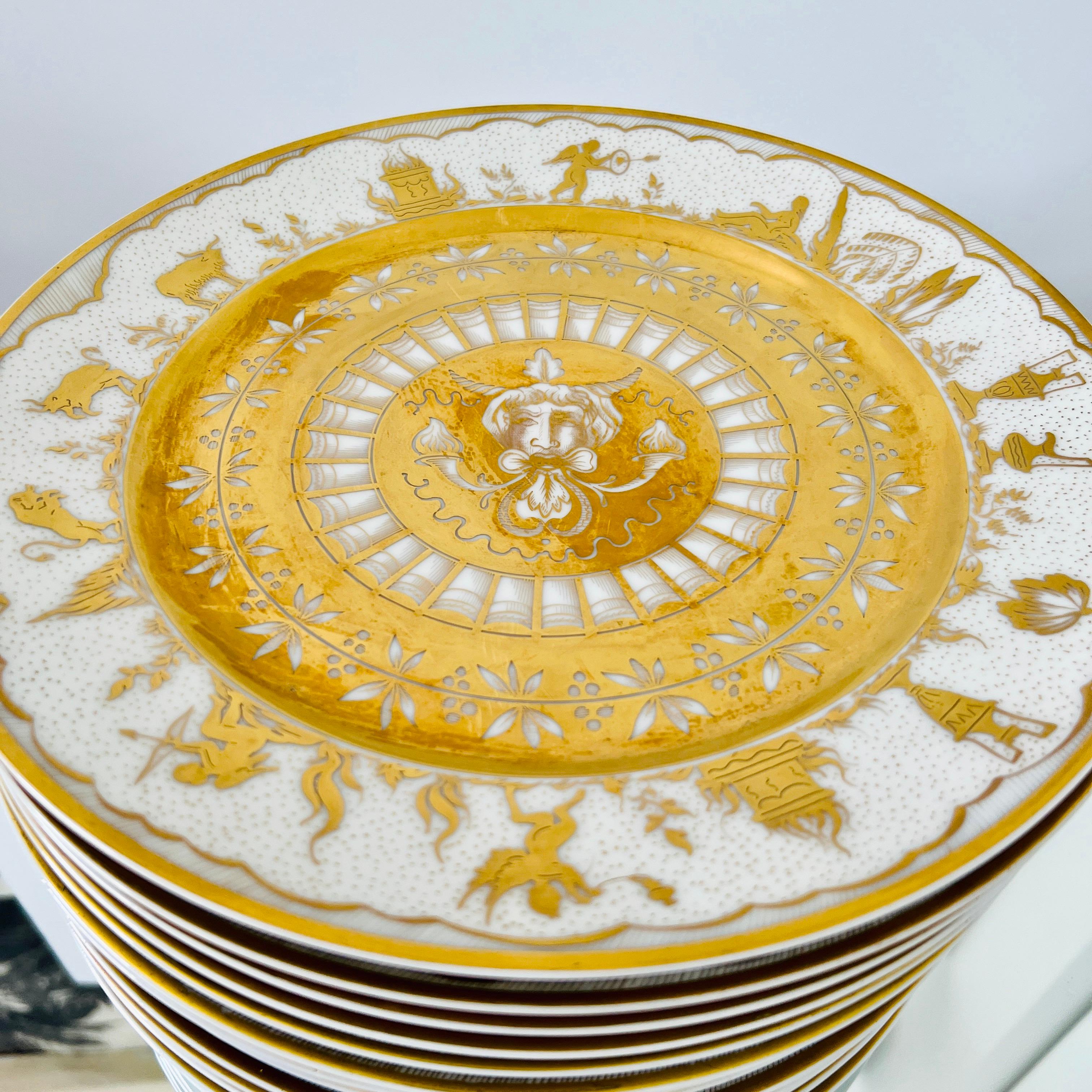French Set/ 14 Le Tallec Handpainted Porcelain Plates with Gold Greek Mythology Motifs For Sale