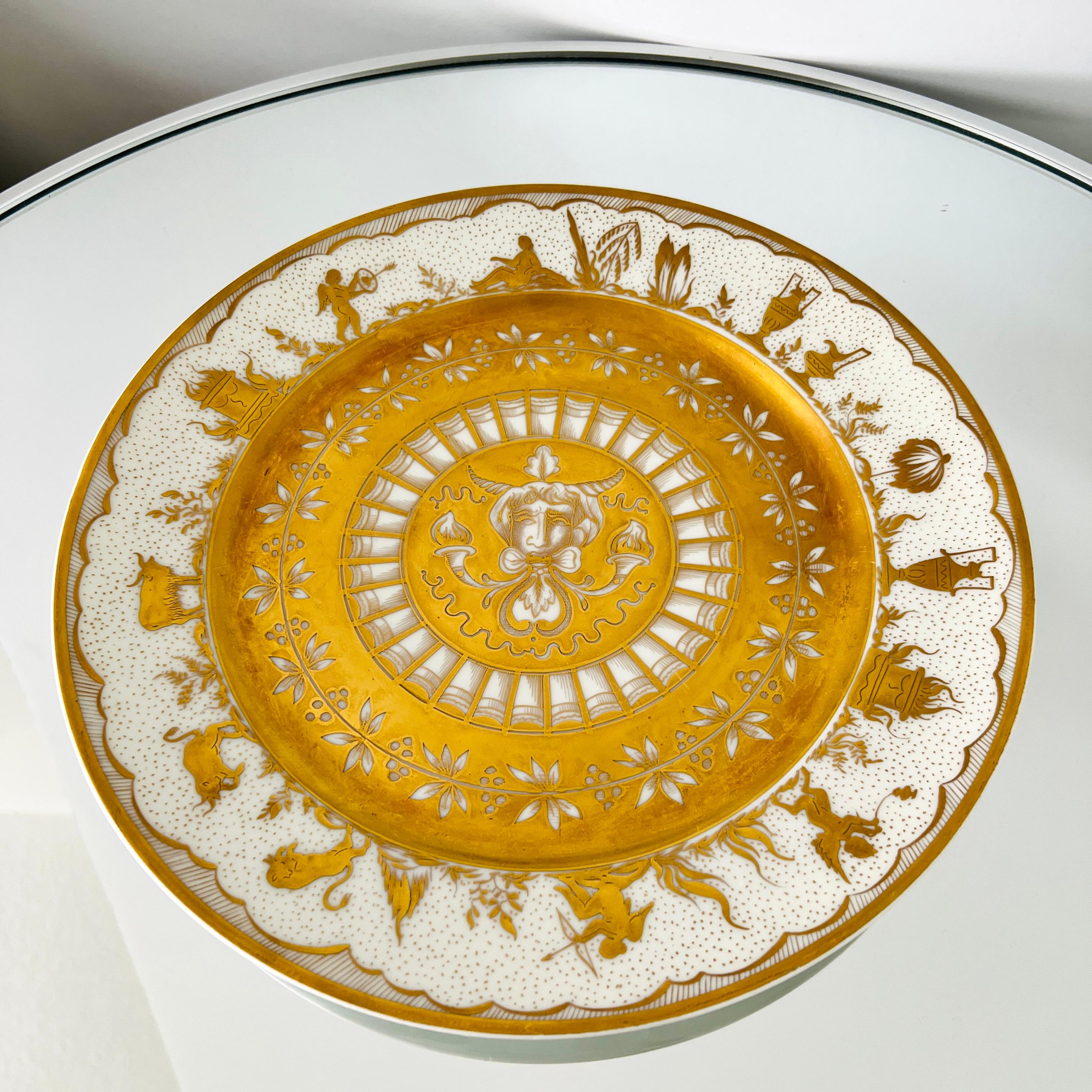 Hand-Crafted Set/ 14 Le Tallec Handpainted Porcelain Plates with Gold Greek Mythology Motifs For Sale