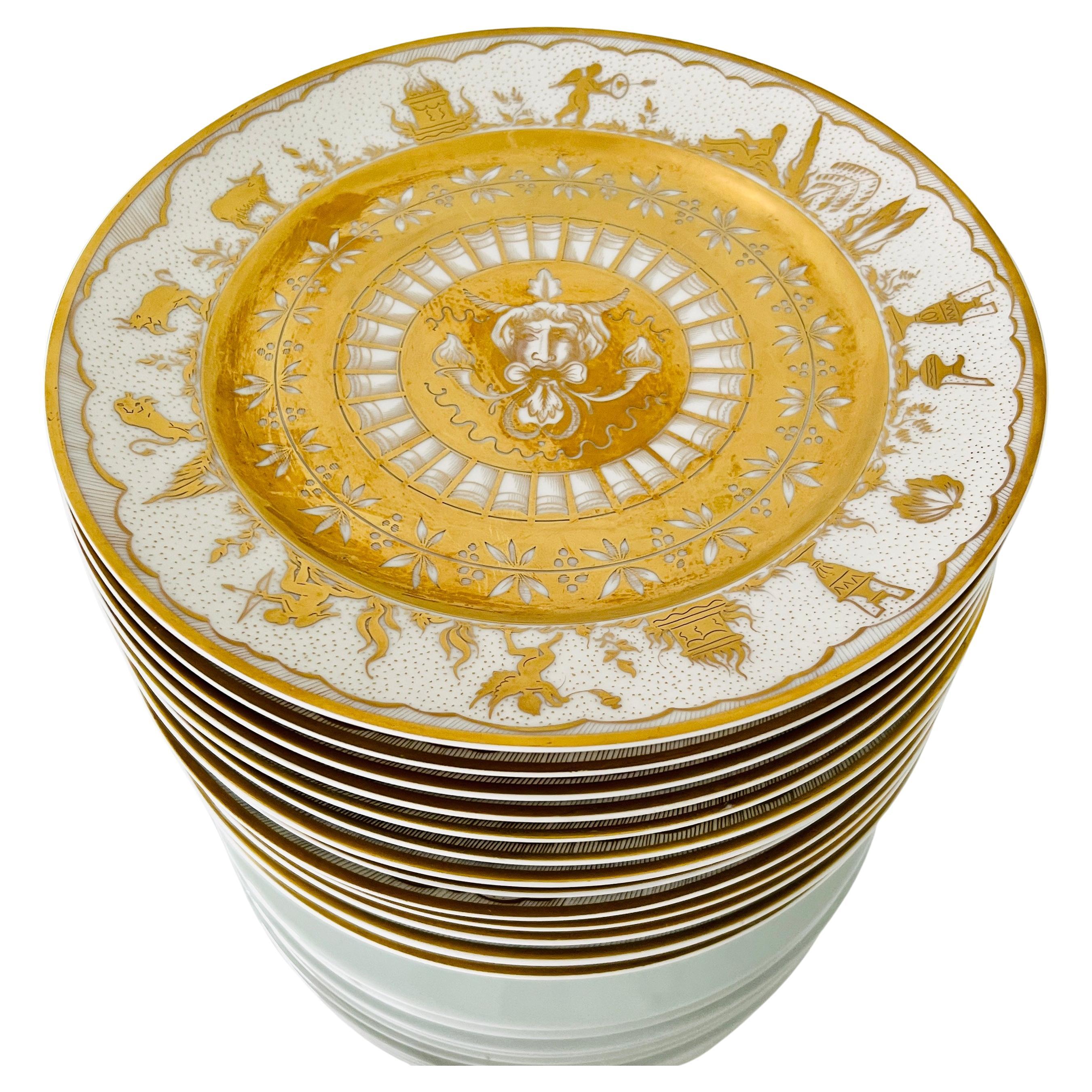 Set/ 14 Le Tallec Handpainted Porcelain Plates with Gold Greek Mythology Motifs For Sale