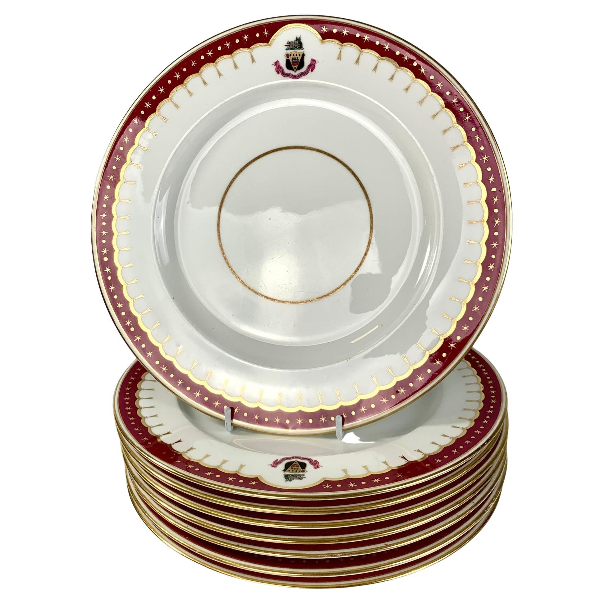 Set 16 Antique Porcelain Armorial Dinner Plates Burgundy Borders England 1870