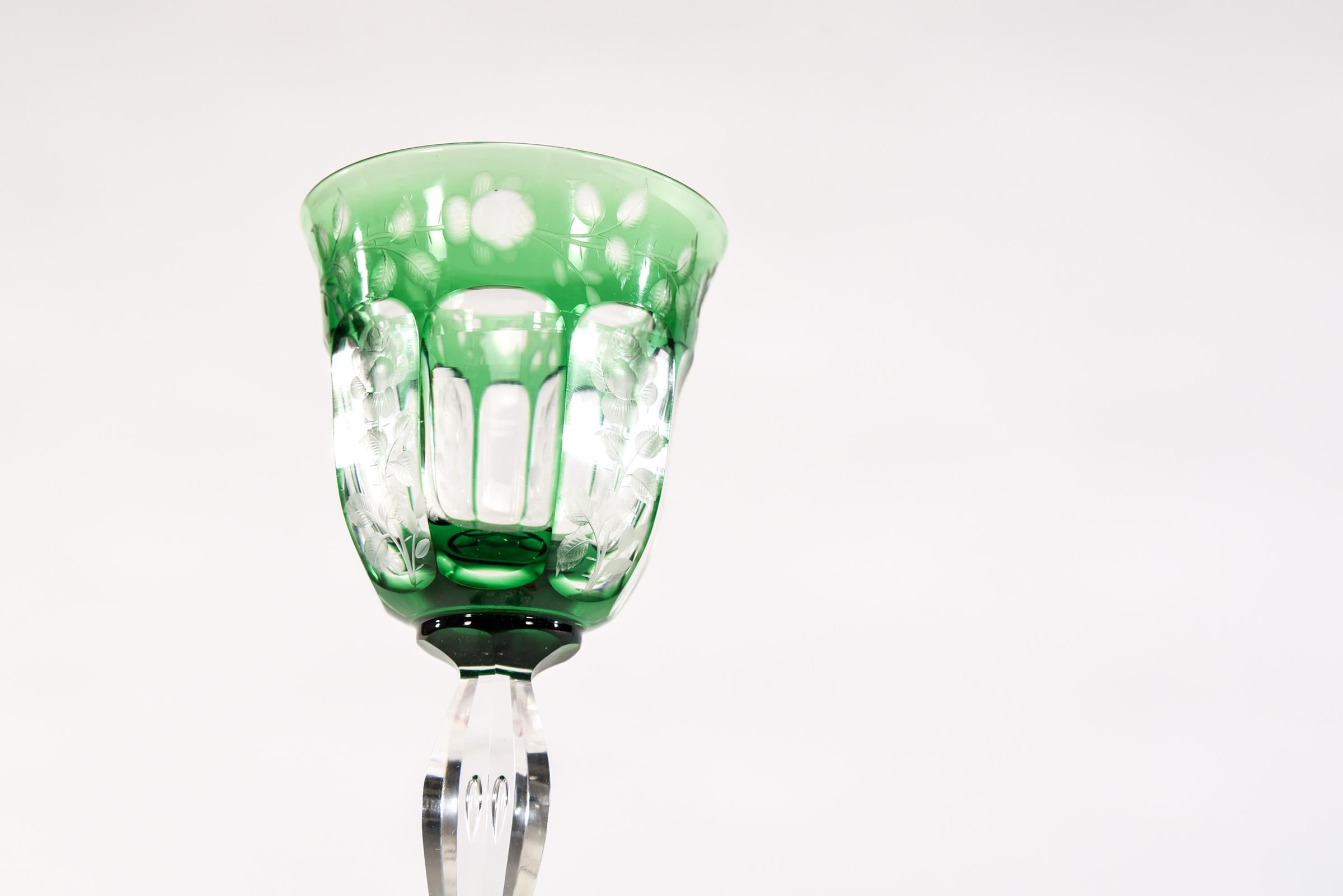 Set 16 Sinclaire Hand Blown Green Cut to Clear Wine Goblets with Engraved Roses In Excellent Condition In Great Barrington, MA