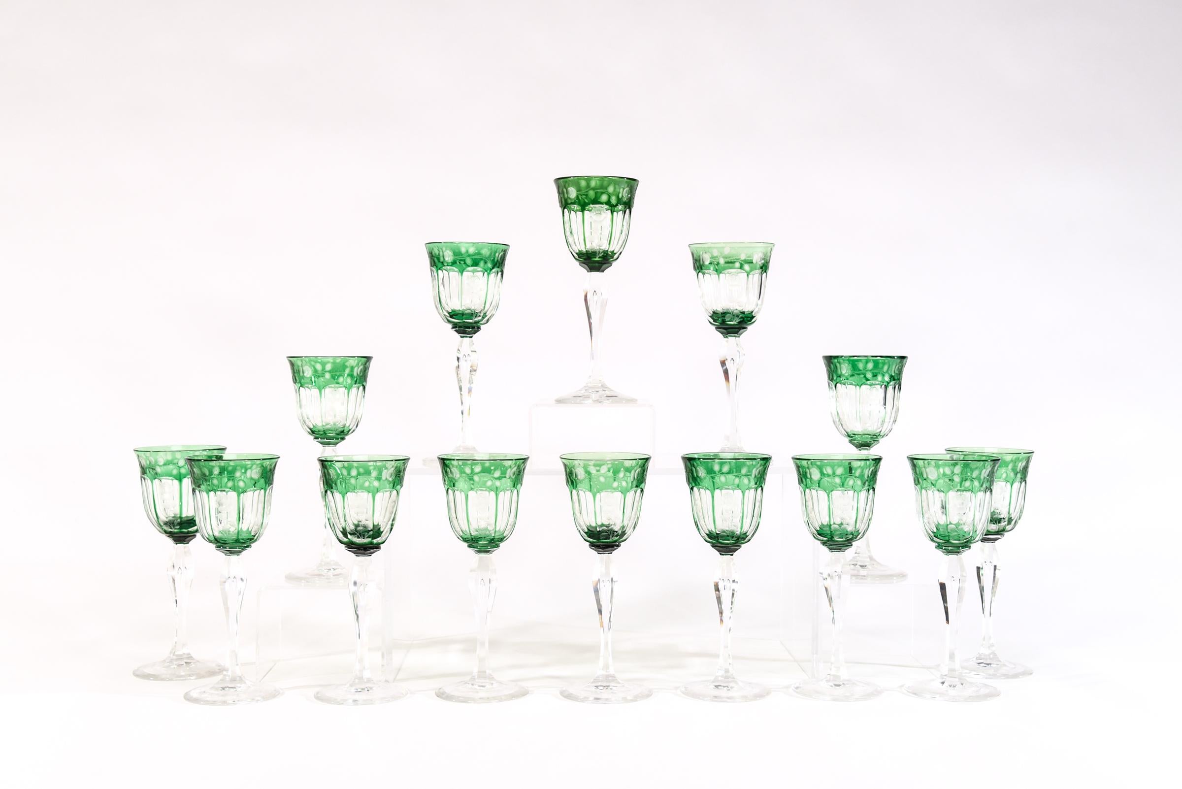 Early 20th Century Set 16 Sinclaire Hand Blown Green Cut to Clear Wine Goblets with Engraved Roses For Sale