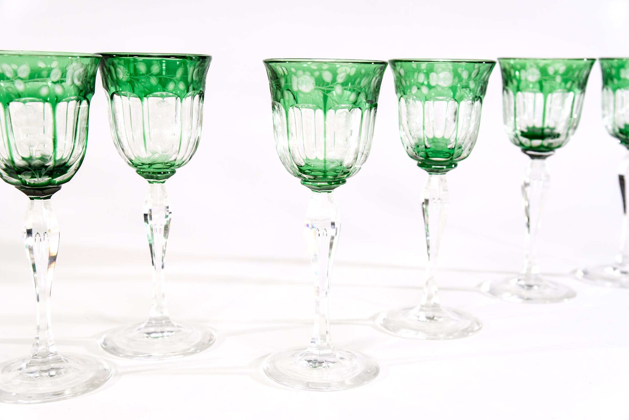 Crystal Set 16 Sinclaire Hand Blown Green Cut to Clear Wine Goblets with Engraved Roses For Sale