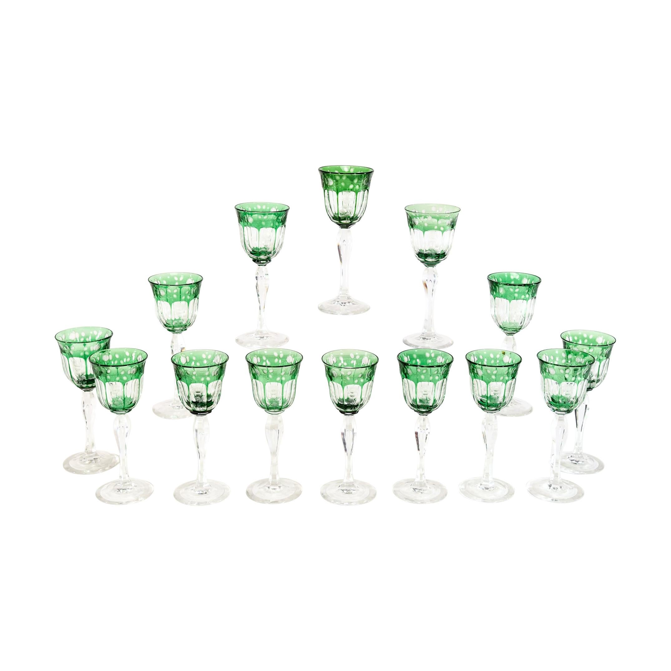 Set 16 Sinclaire Hand Blown Green Cut to Clear Wine Goblets with Engraved Roses