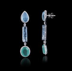 Set 18 Karat Gold, Carved Aquamarine, Emeralds and Diamonds Chandelier Earrings