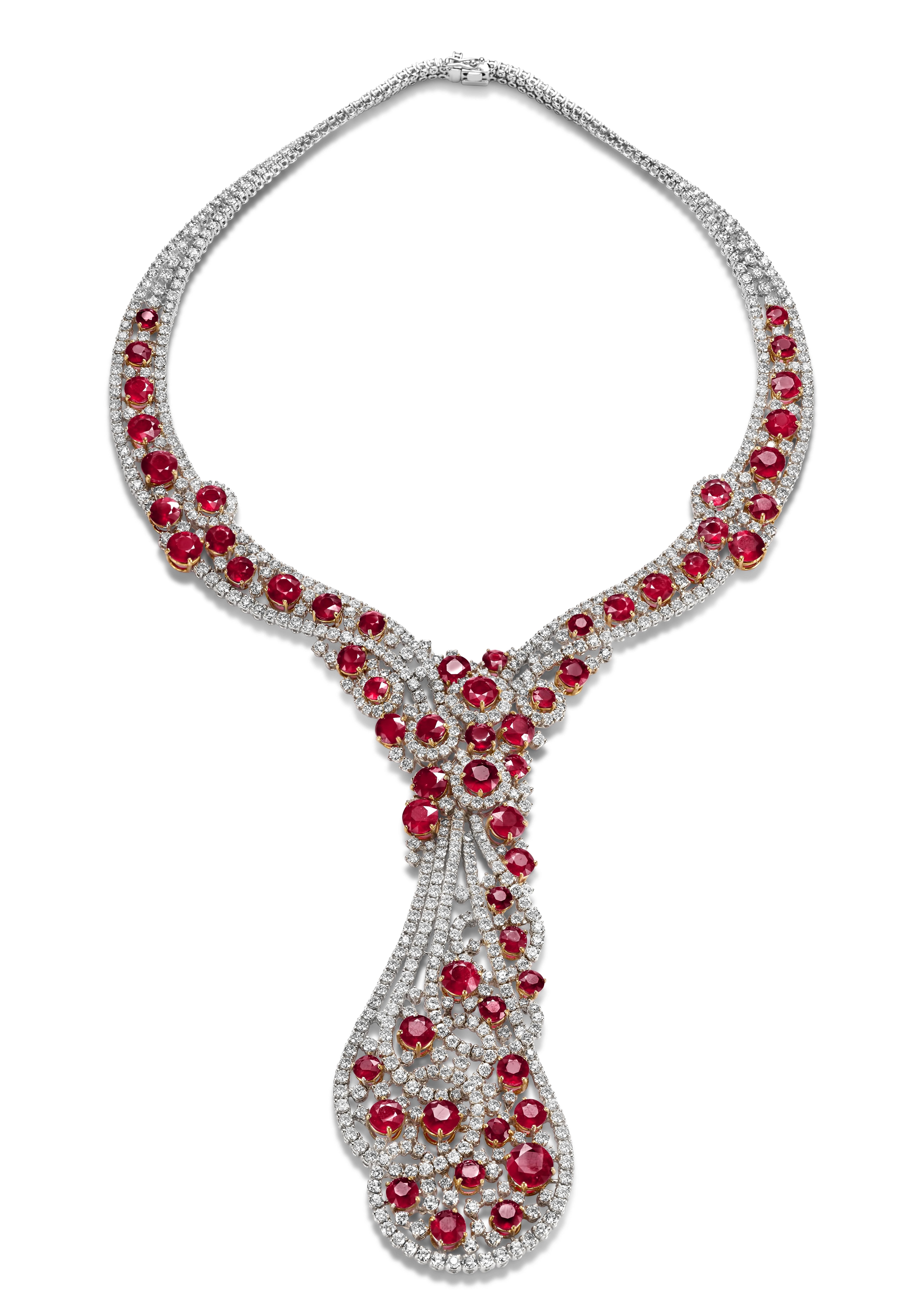 Magnificent Like Never Seen Before Set of 18 kt. Gold Necklace, Earring, Ring, Bracelet, With 116.11 ct. Rubies and together 104.94 ct. Diamonds

This set comes in a grand customized box

Necklace:
Diamonds: Brilliant cut diamonds together 45.71