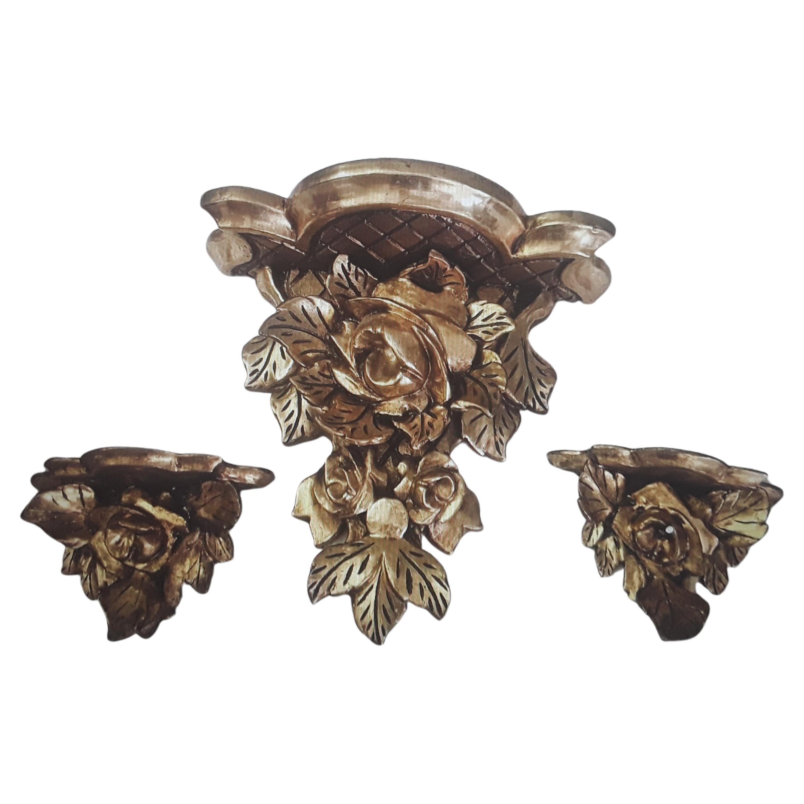 Set 1920s Antique Dore Giltwood "Roses" Wall Display Brackets 1 Large & Pr Small
