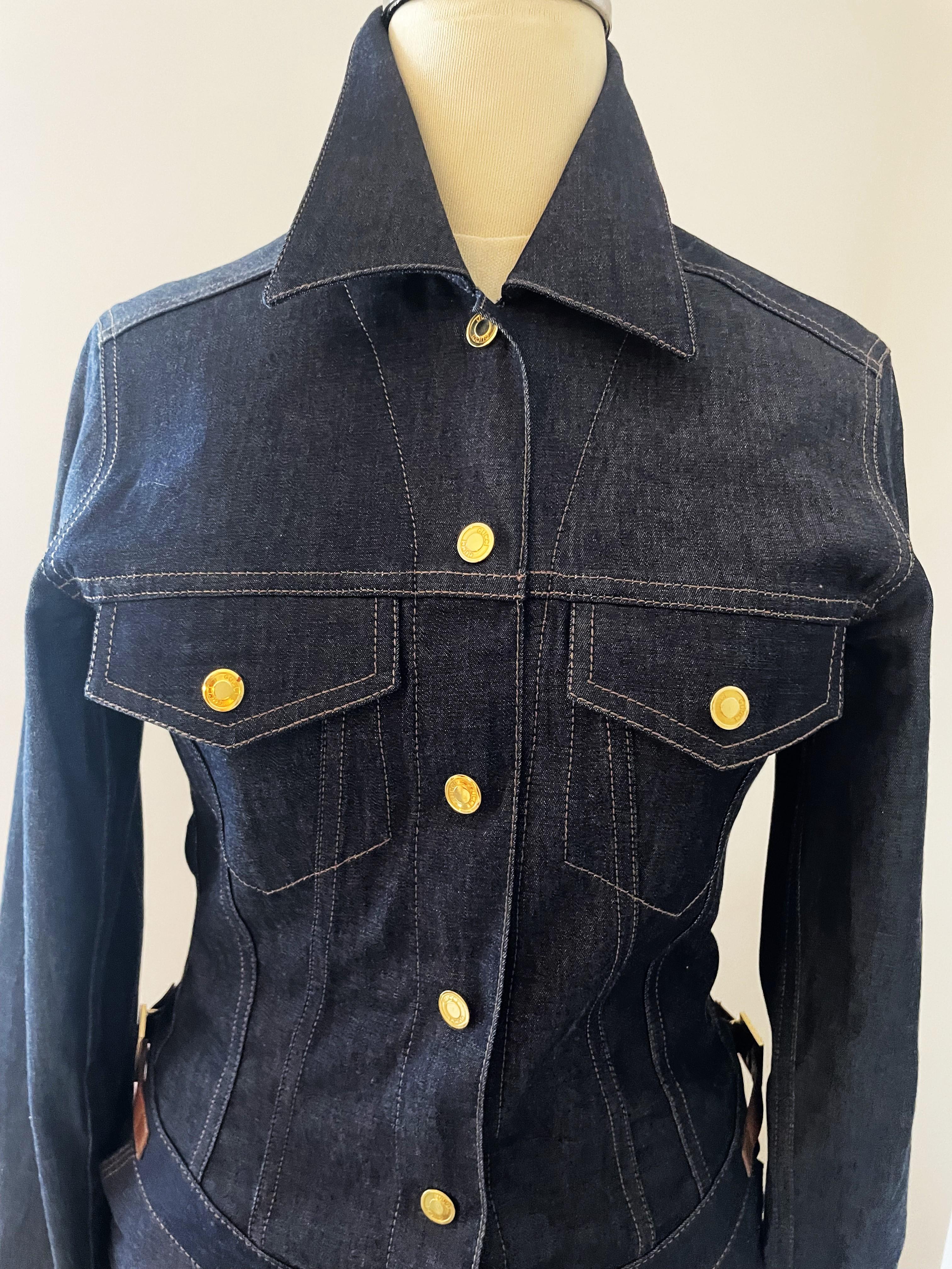 A stunning and very rare one-of-a kind Runway 1999 Gucci jacket with matching Gucci denim skirt. Nice details are the leather fasteners and gold-plated buckles with logo. Never worn. Very wel preserved by a model. 

This collectors item set is from