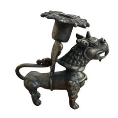 Pair of Antique 1920s Brass Carved Foo Dog Lion Figurine Candle Holders