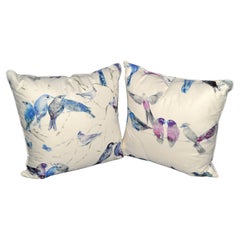 Vintage Set 2 Blue and Lilac Birds Linen Fabric Down-Filled Pillow Mid-Century Modern