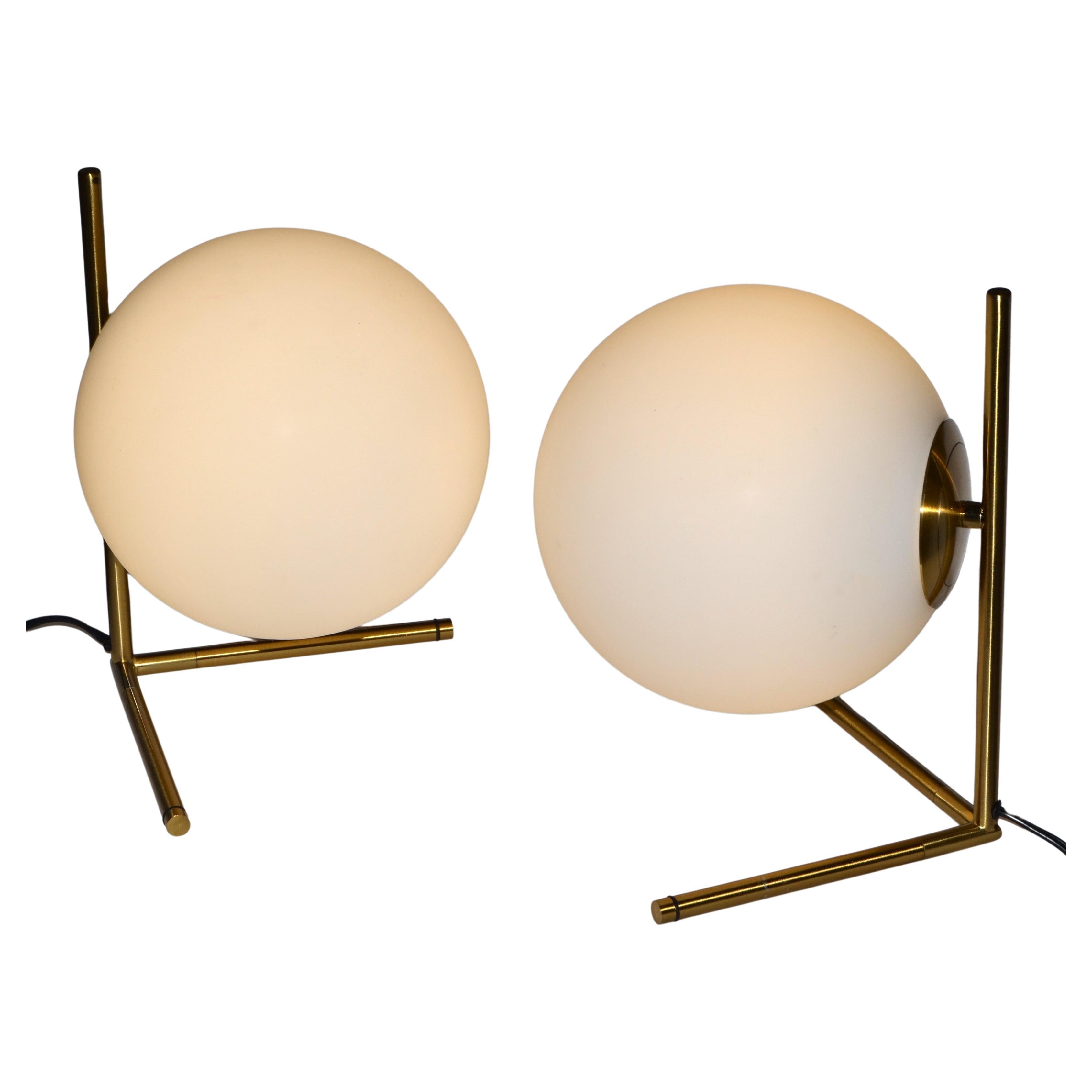 Minimalist right and left angle Table Lamps, Office Lighting in Steel Frame with Brass Finish and frosted Glass Globes in the Style of Stilnovo.  
Space Age attributed Pair of desk lamps in unique and modern design that looks great with any decor.
