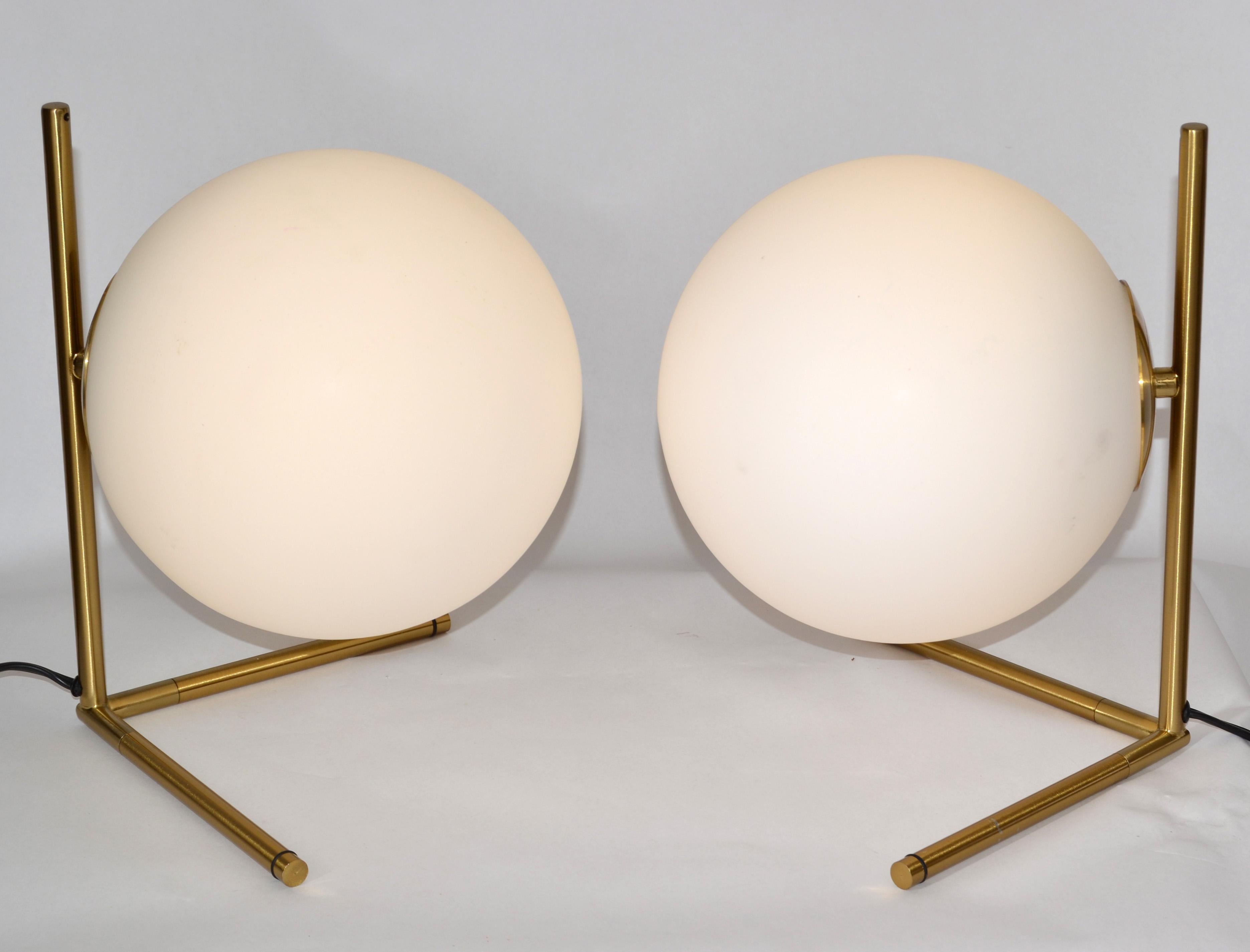Steel Set 2 Brass Sphere Frosted Globe Glass Table Lamps or Desk Lamps Stilnovo Style For Sale