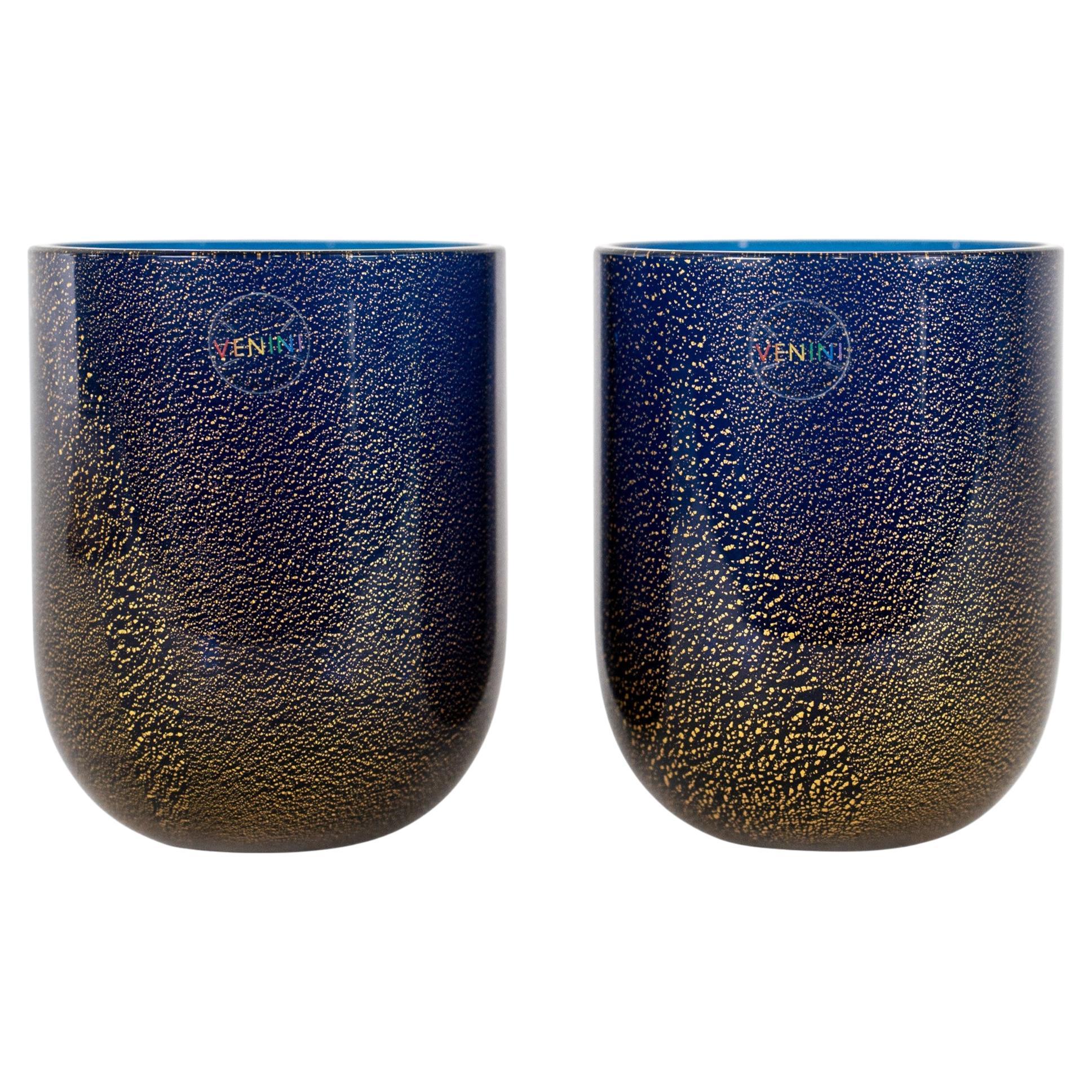 Set 2 gobelets Byzance Edition Limitée Venini, Bleu décoré de feuilles d
or en vente